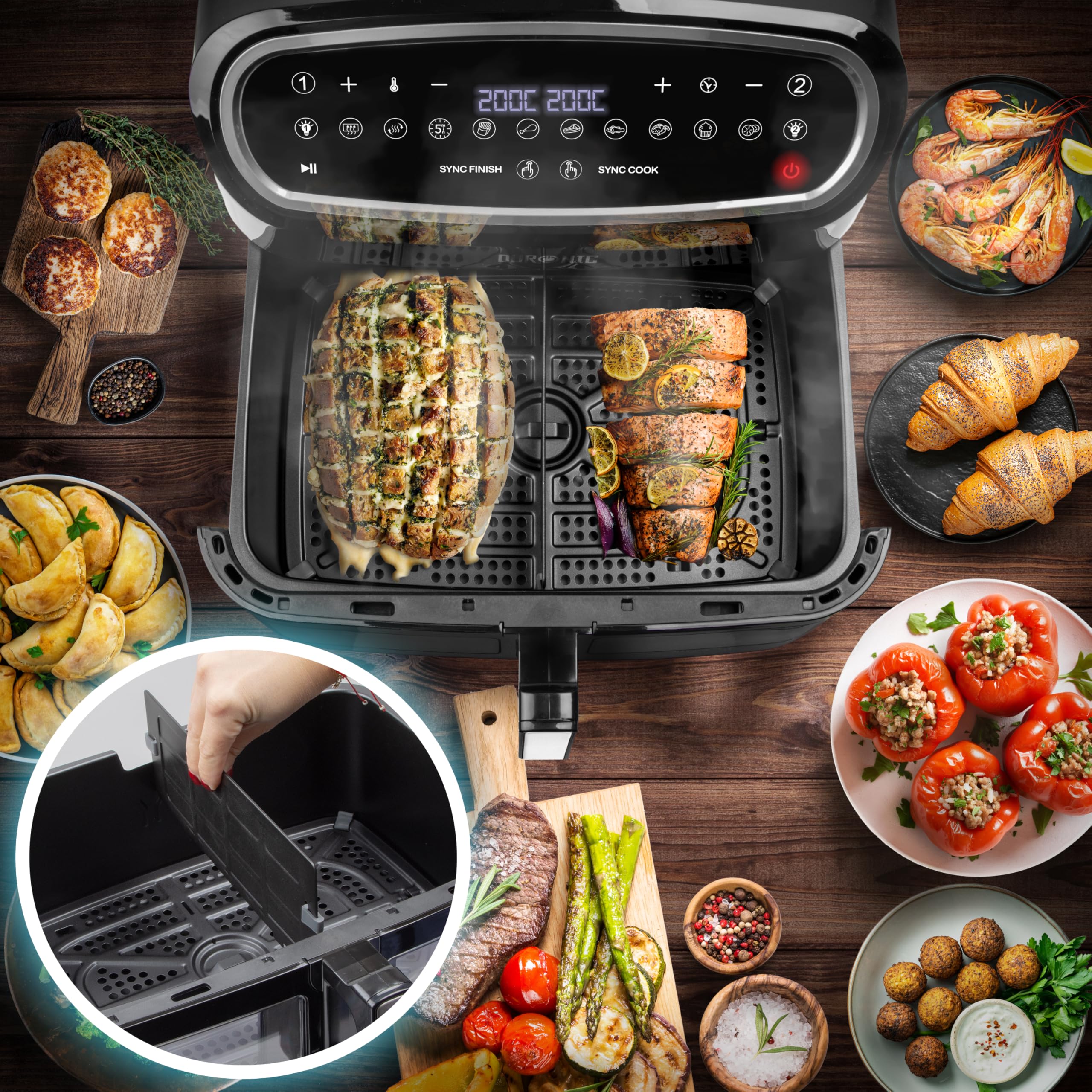 Duronic AF34 BK Heißluftfriteuse, XXL Heißluftfritteuse mit 2 Kammern für Pommes, Friteuse HLF 10L Volumen Airfryer, Air Fryer für Rezepte ohne Öl - Image 2