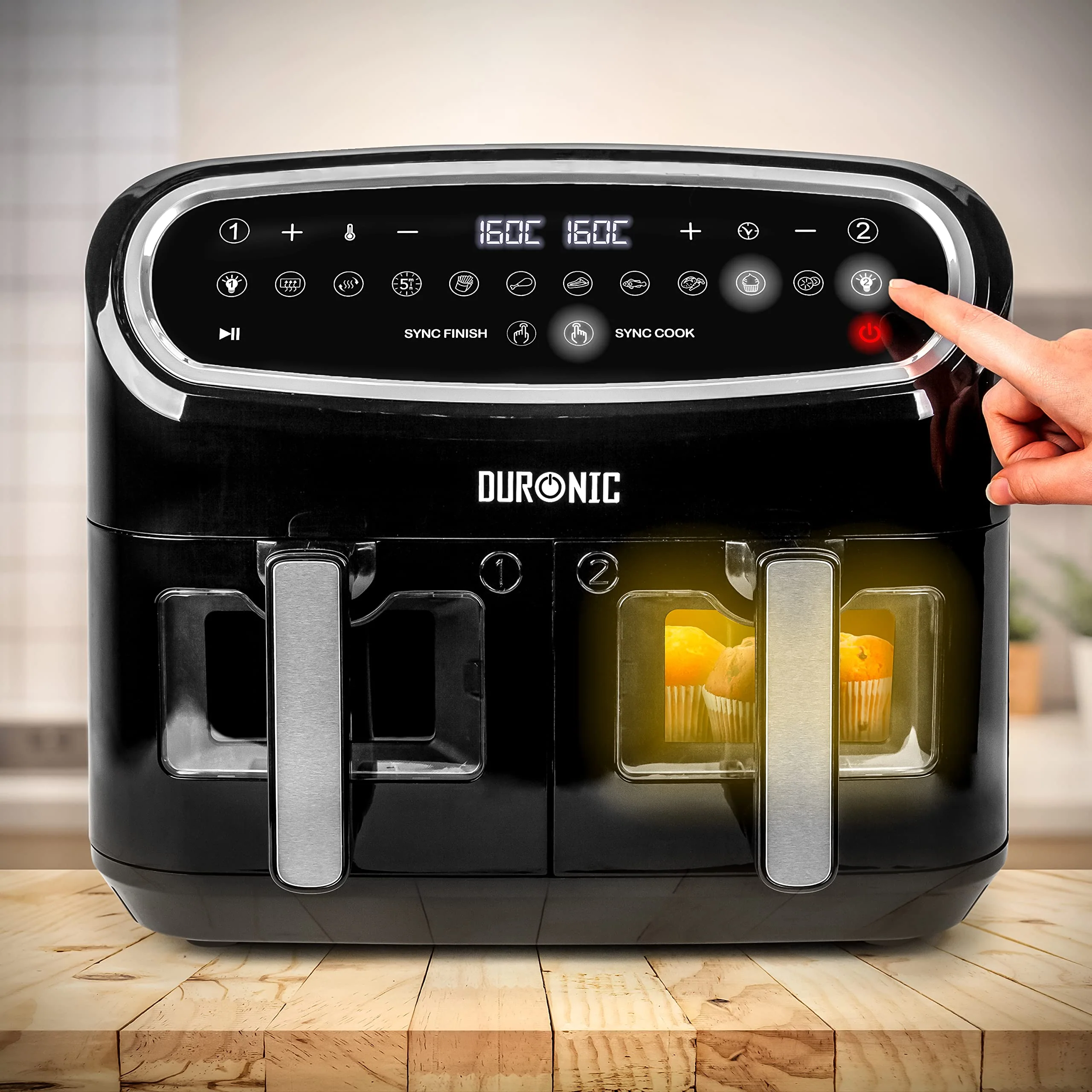 Duronic AF34 BK Heißluftfriteuse, XXL Heißluftfritteuse mit 2 Kammern für Pommes, Friteuse HLF 10L Volumen Airfryer, Air Fryer für Rezepte ohne Öl - Image 3