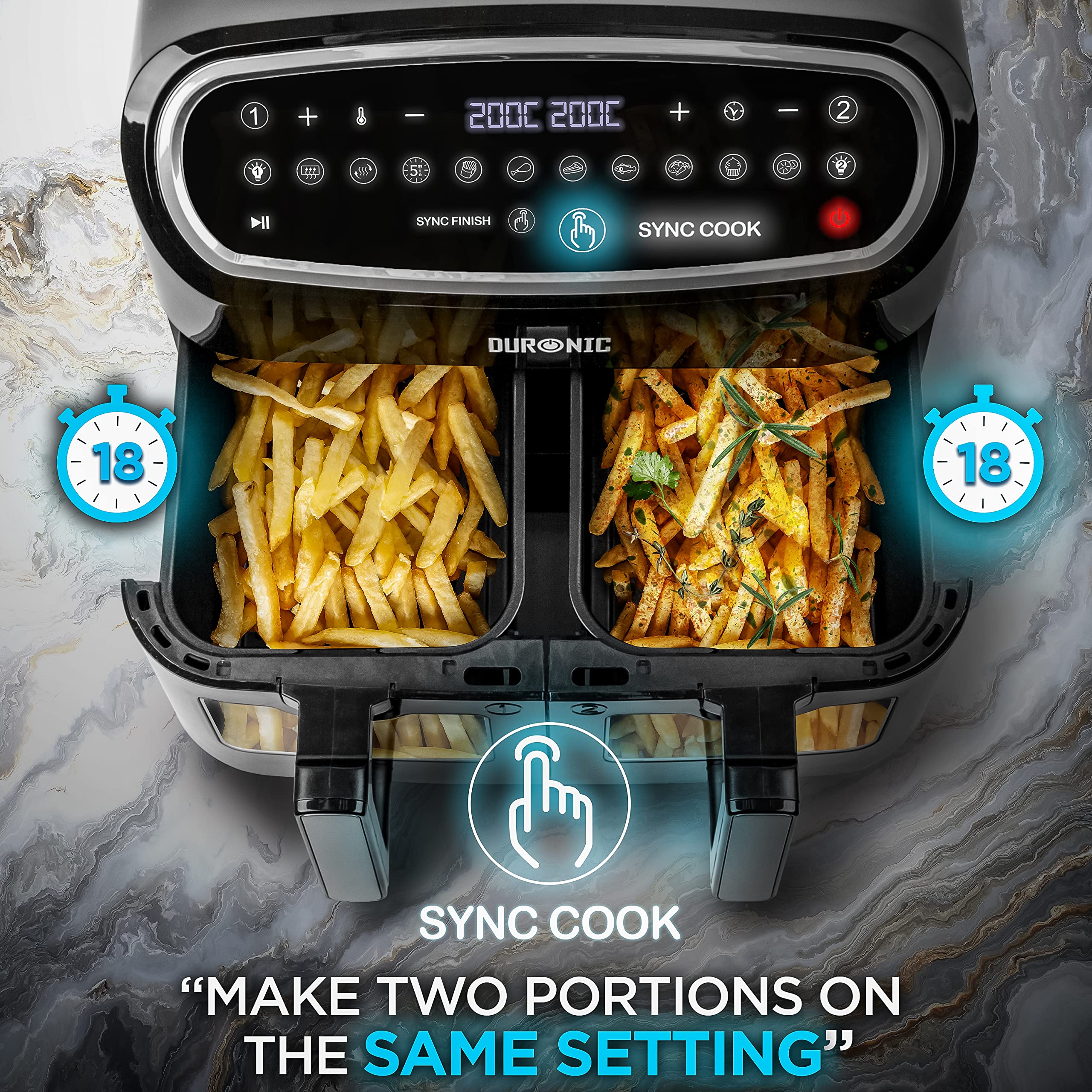 Duronic AF34 BK Heißluftfriteuse, XXL Heißluftfritteuse mit 2 Kammern für Pommes, Friteuse HLF 10L Volumen Airfryer, Air Fryer für Rezepte ohne Öl - Image 6