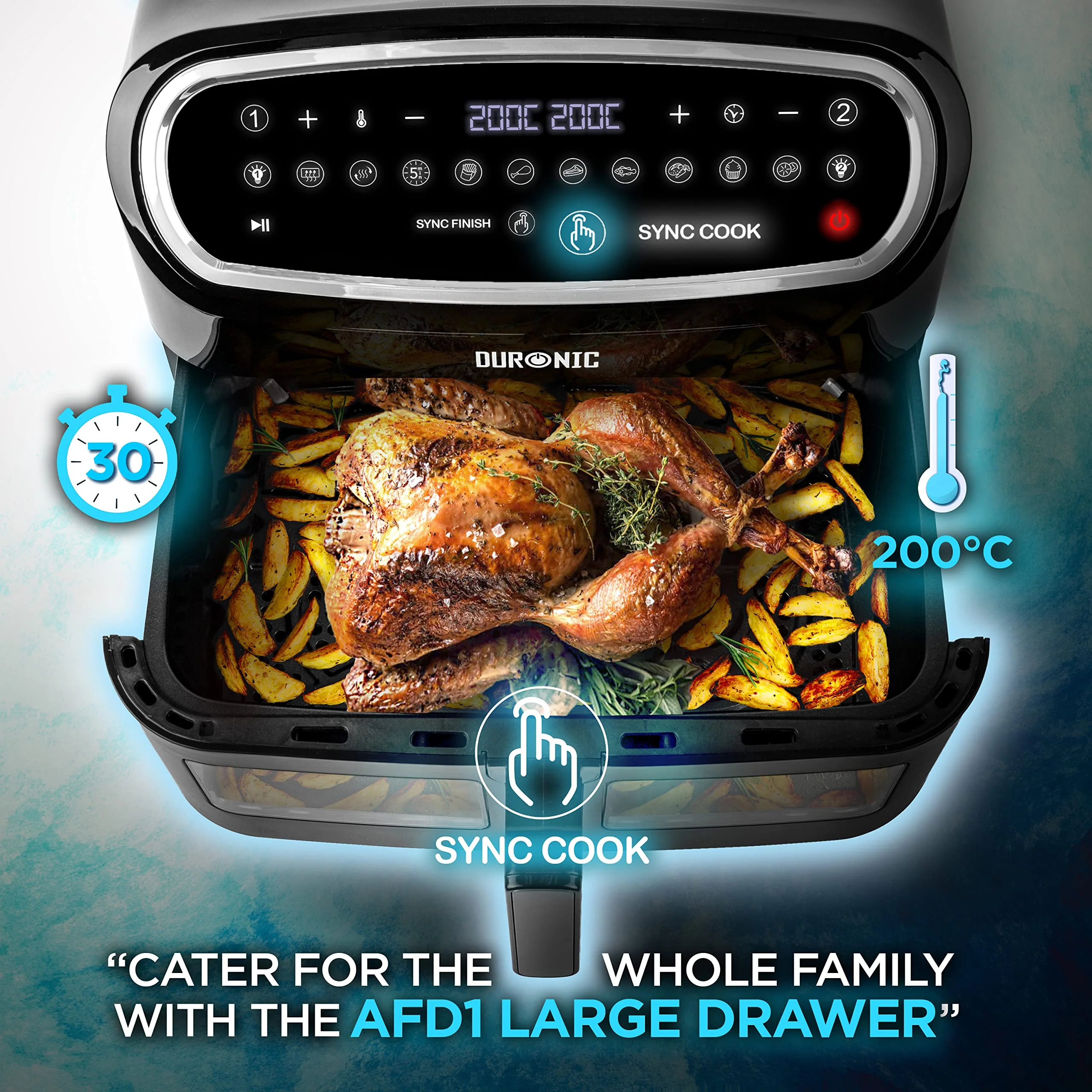 Duronic AF34 BK Heißluftfriteuse, XXL Heißluftfritteuse mit 2 Kammern für Pommes, Friteuse HLF 10L Volumen Airfryer, Air Fryer für Rezepte ohne Öl - Image 7