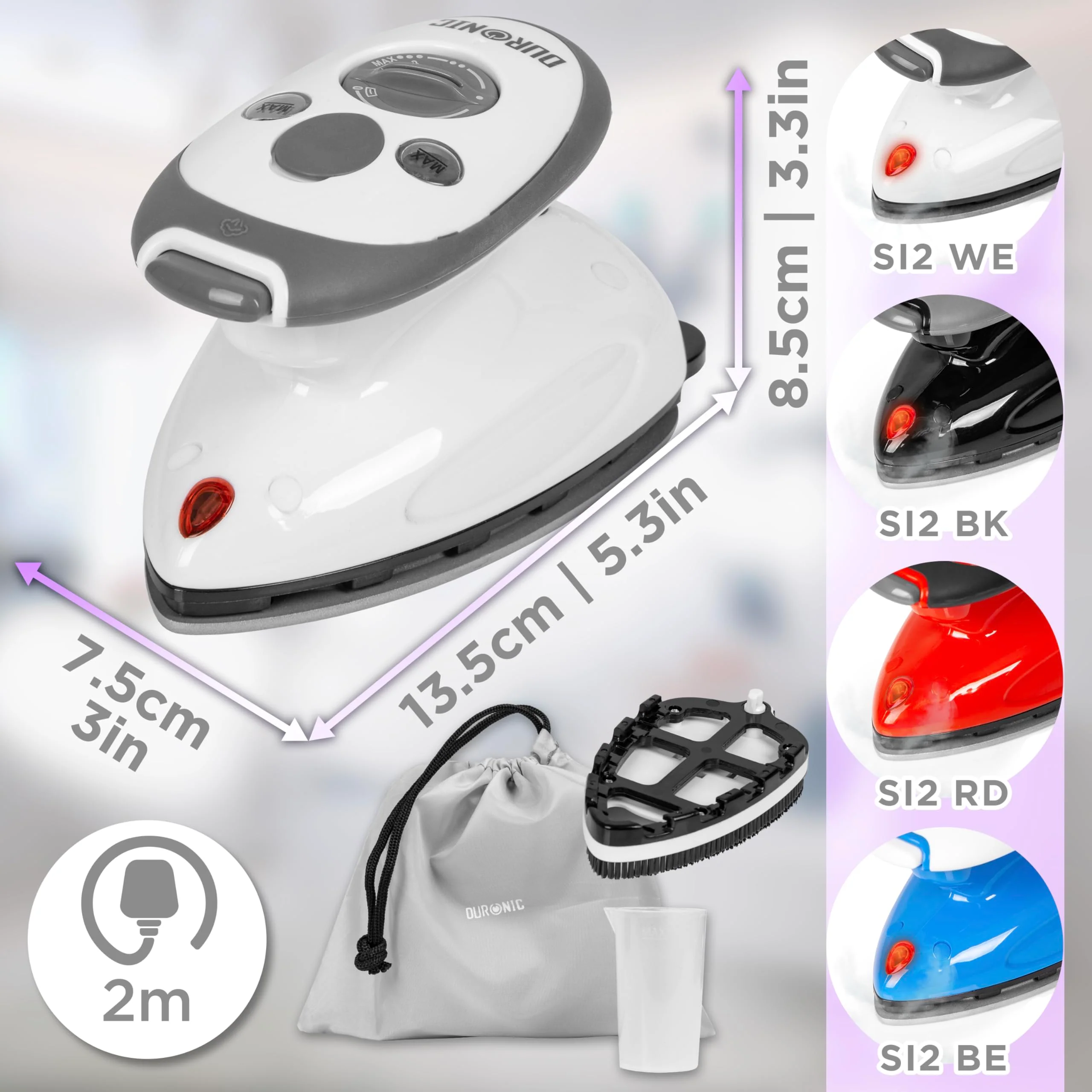 Duronic SI2 WE Mini Reisebügeleisen, 375W Mini Bügeleisen, Dampfbügeleisen 50ml Wassertank, kleines Reisebügeleisen dampf, Handbügeleisen Keramikfläche, für Kleidung nähen, travel iron weiß - Image 3