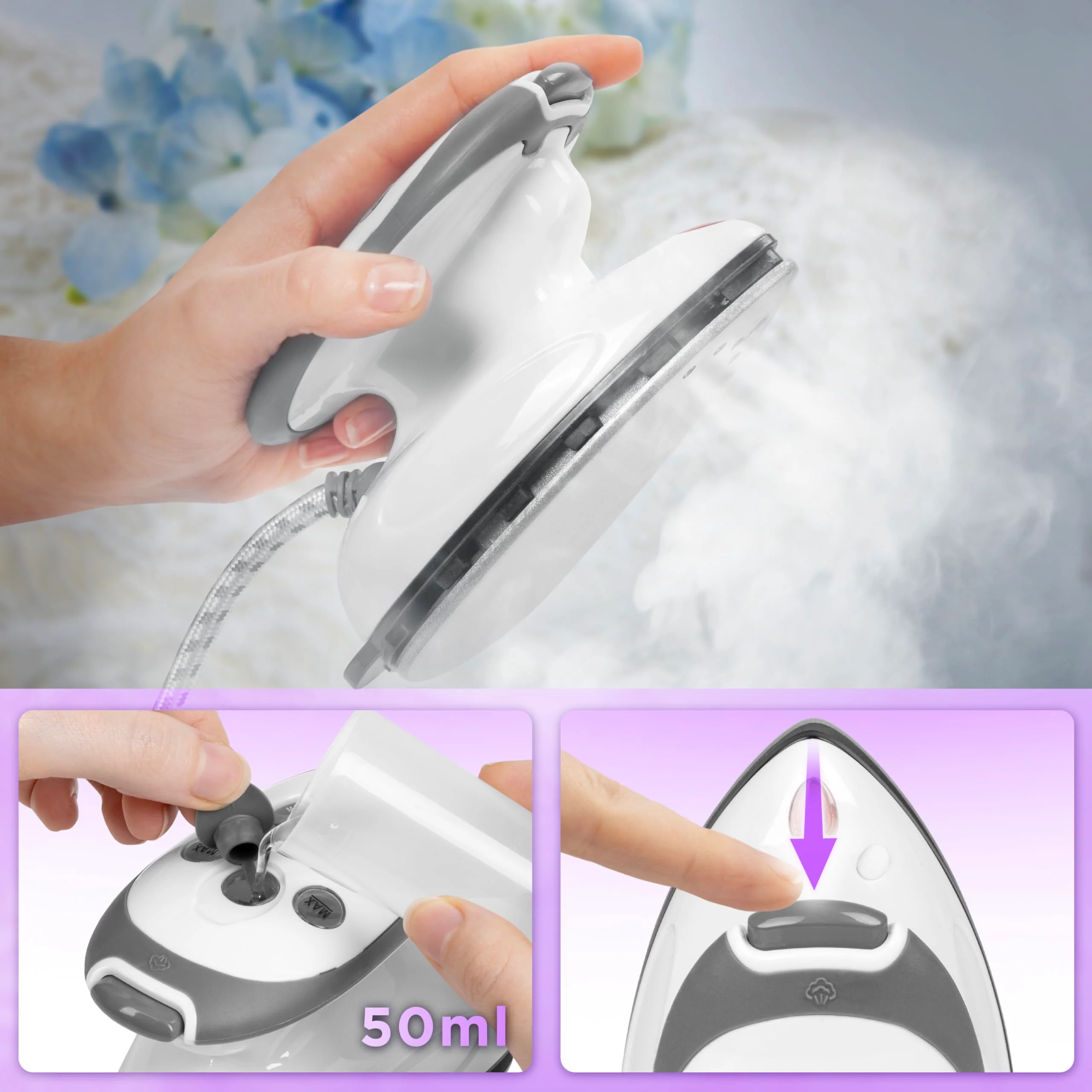 Duronic SI2 WE Mini Reisebügeleisen, 375W Mini Bügeleisen, Dampfbügeleisen 50ml Wassertank, kleines Reisebügeleisen dampf, Handbügeleisen Keramikfläche, für Kleidung nähen, travel iron weiß - Image 7