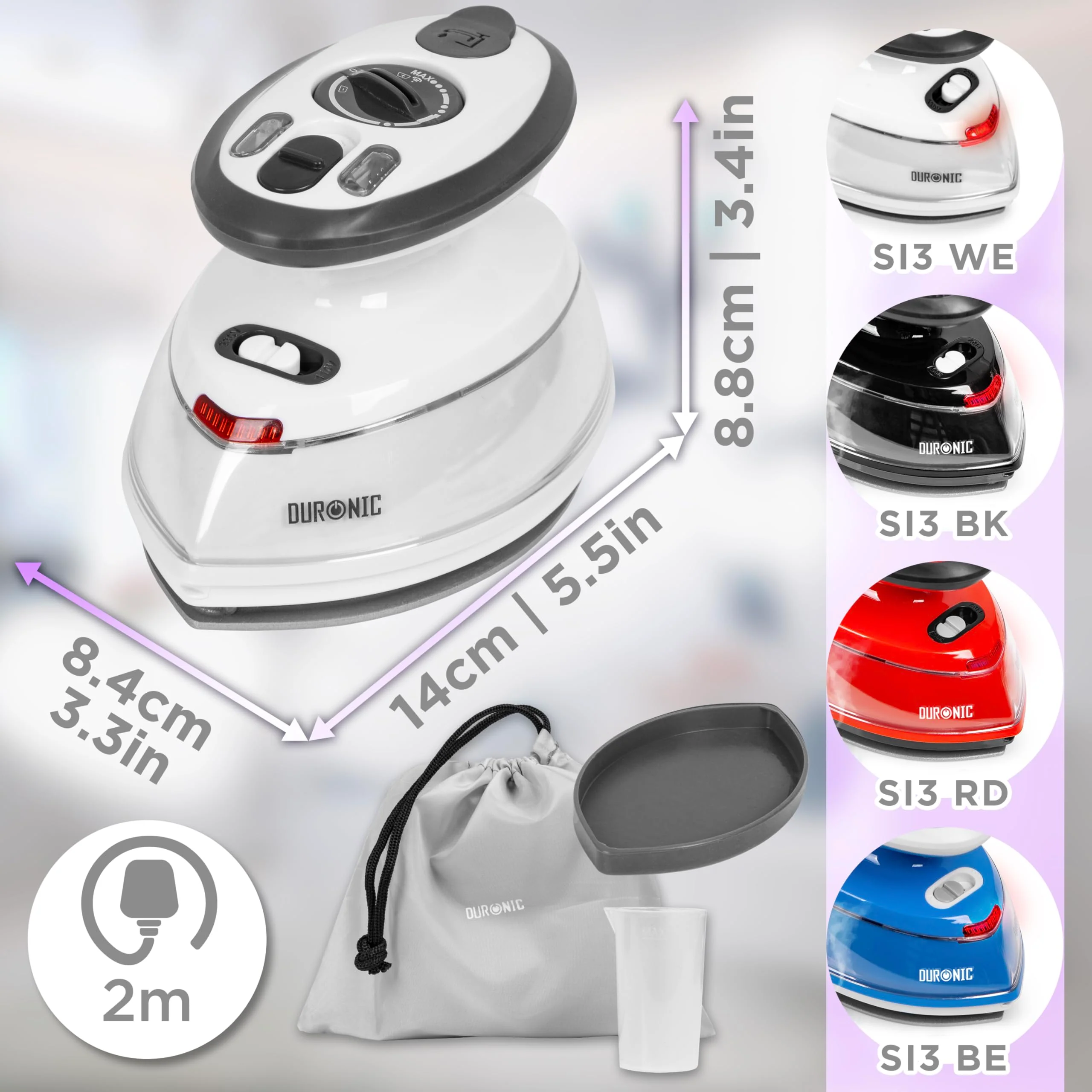 Duronic SI3 WE Mini Reisebügeleisen, 400W Mini Bügeleisen, Dampfbügeleisen 35ml Wassertank, kleines Reisebügeleisen dampf, Handbügeleisen Keramikfläche, für Kleidung nähen, 2 Betriebsspannungen - Image 4