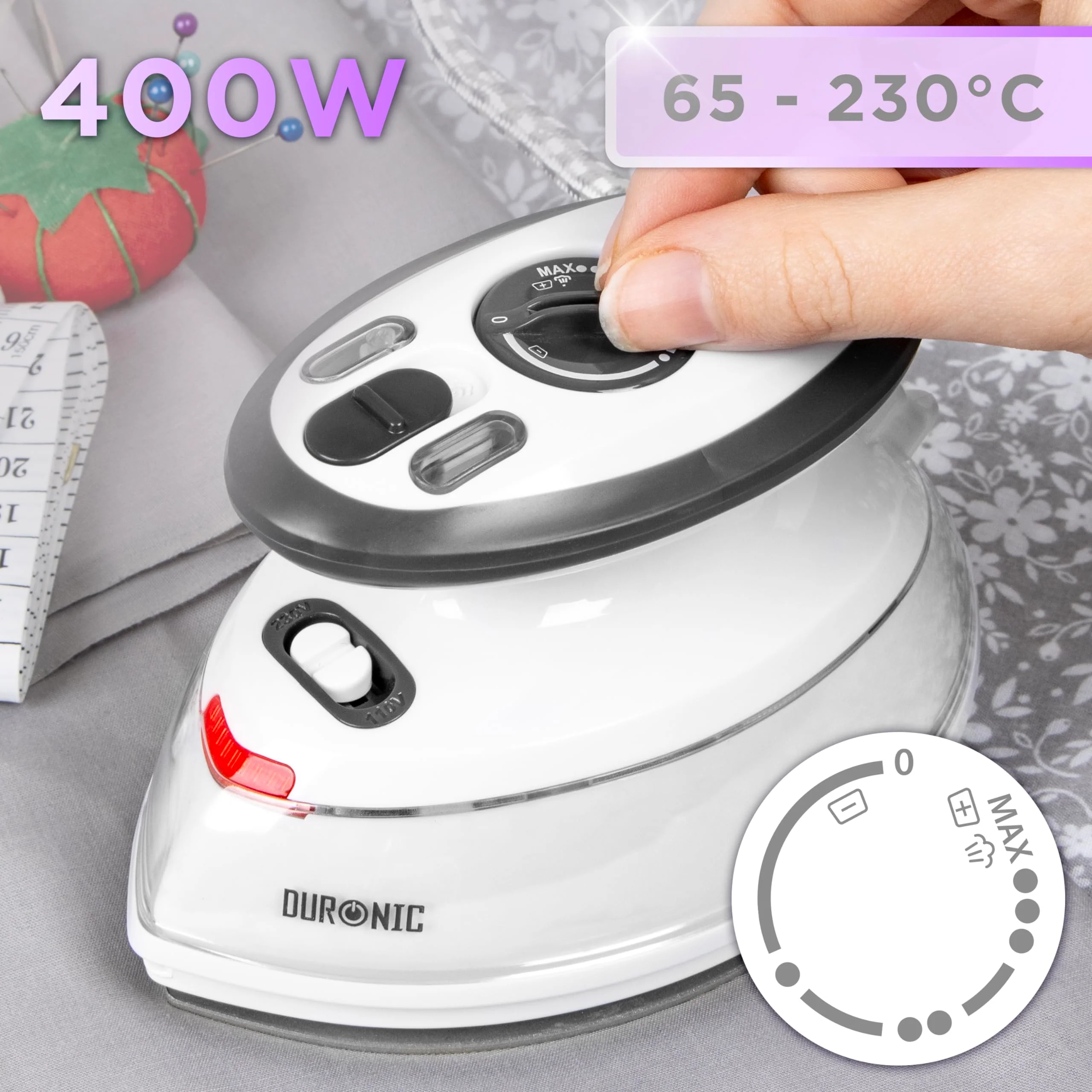 Duronic SI3 WE Mini Reisebügeleisen, 400W Mini Bügeleisen, Dampfbügeleisen 35ml Wassertank, kleines Reisebügeleisen dampf, Handbügeleisen Keramikfläche, für Kleidung nähen, 2 Betriebsspannungen - Image 7