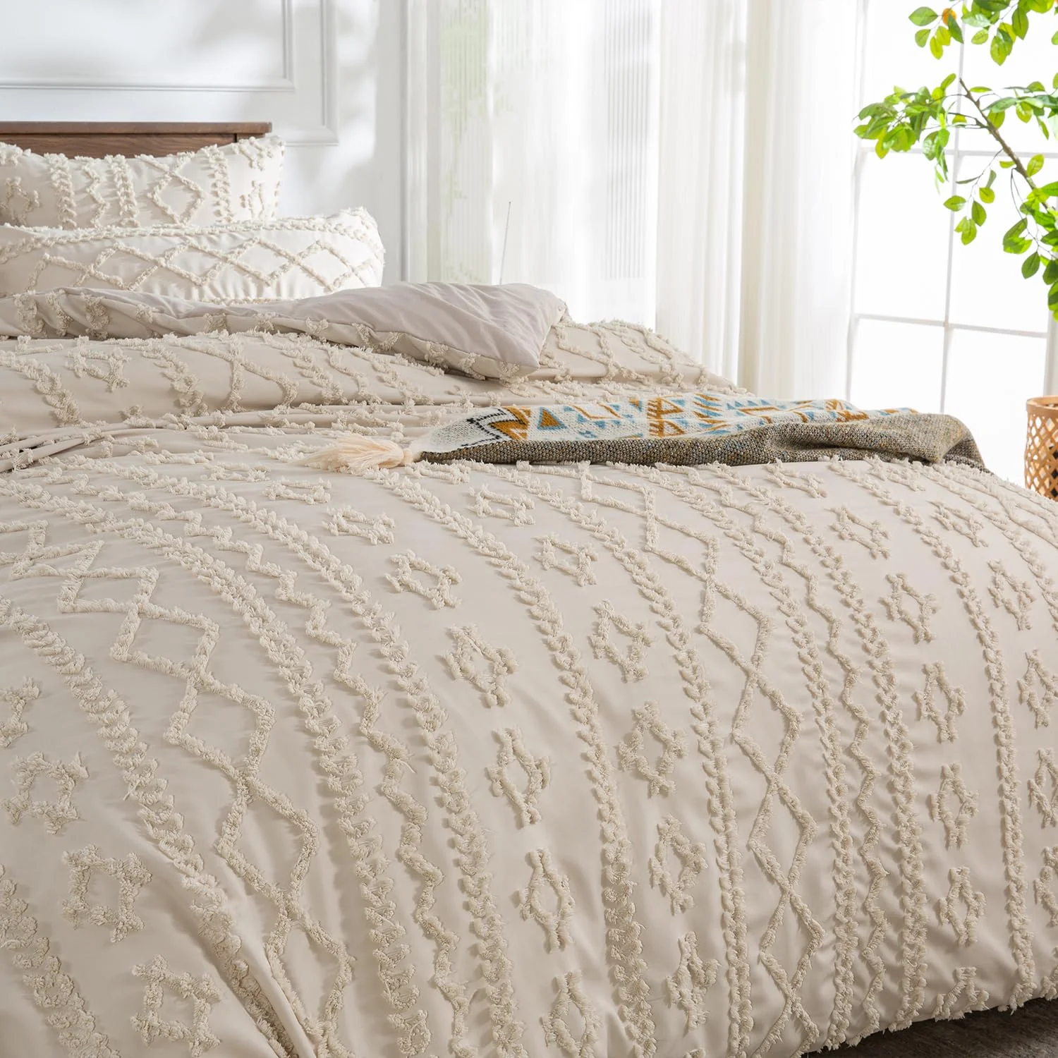 DXHOME Getuftet Bettwäsche 155x220cm Beige Stickerei Vintage Boho Bettwäsche Aesthetic Geometrische Bettbezug mit Reißverschluss und 2 Kissenbezüge 80 x 80cm - Image 8
