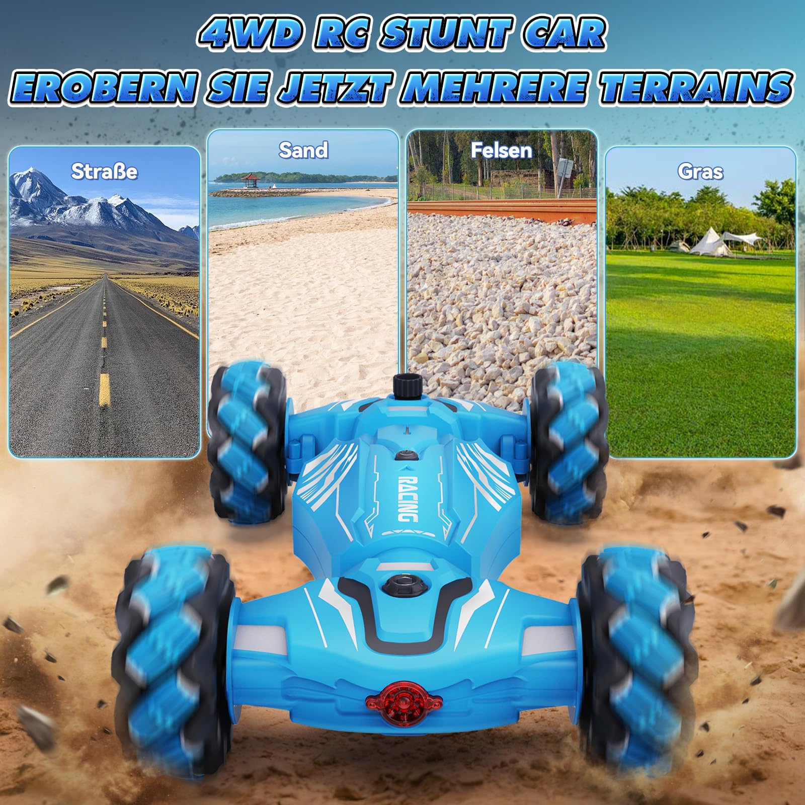 Dysaim Ferngesteuertes Auto ab 6 7 8 9 10 12 Jahre, 4WD RC Auto mit Handsteuerung, 2.4Ghz 360°Drehung Drift Stunt Car mit Licht Musik Spray, Weihnachten Geschenke Spielzeug für Jungen Mädchen, Blau - Image 4