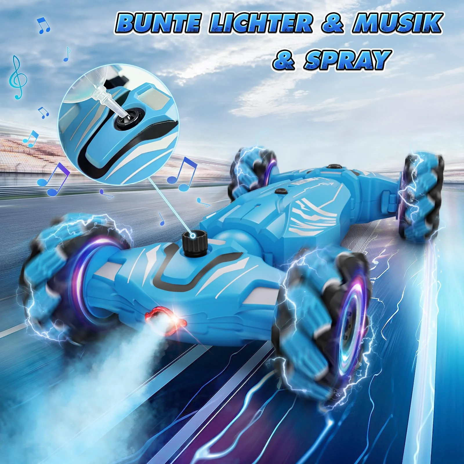 Dysaim Ferngesteuertes Auto ab 6 7 8 9 10 12 Jahre, 4WD RC Auto mit Handsteuerung, 2.4Ghz 360°Drehung Drift Stunt Car mit Licht Musik Spray, Weihnachten Geschenke Spielzeug für Jungen Mädchen, Blau - Image 7