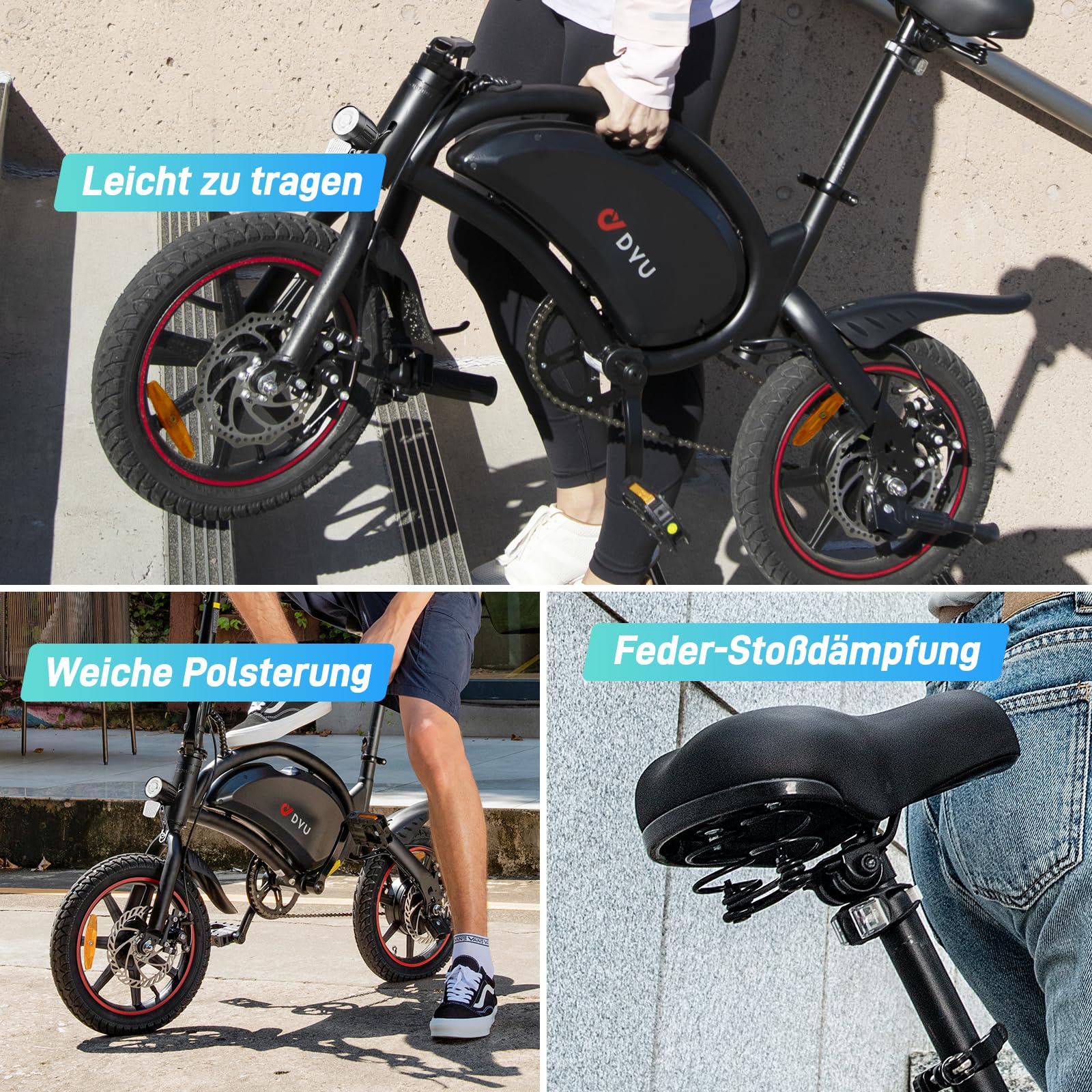 DYU D3S E-Bike Klapprad 14 Zoll - Elektrofahrrad, 25 km/h Höchstgeschwindigkeit, 40 km Reichweite, Scheibenbremsen, faltbar, für Jugendliche und Erwachsene - Image 5