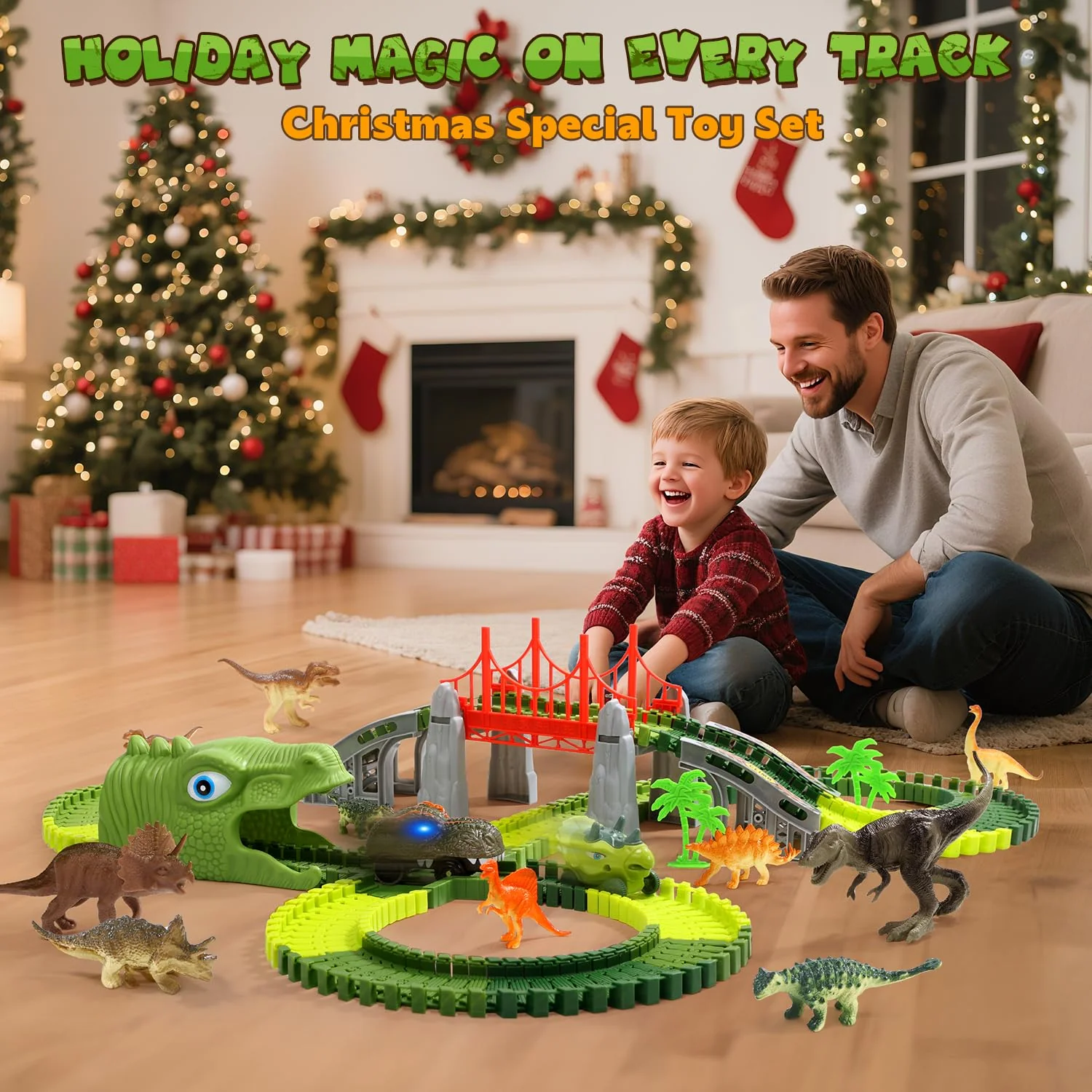 EagleStone Dinosaurier Rennbahn Set – 225 Teile Flexible Rennstrecke, 1 elektrisches Dino Auto mit Licht, 8 Dino Figuren, Dino Tunnelkopf, Weihnachts Geburtstagsgeschenk für Kinder von 3 bis 8 Jahren - Image 2