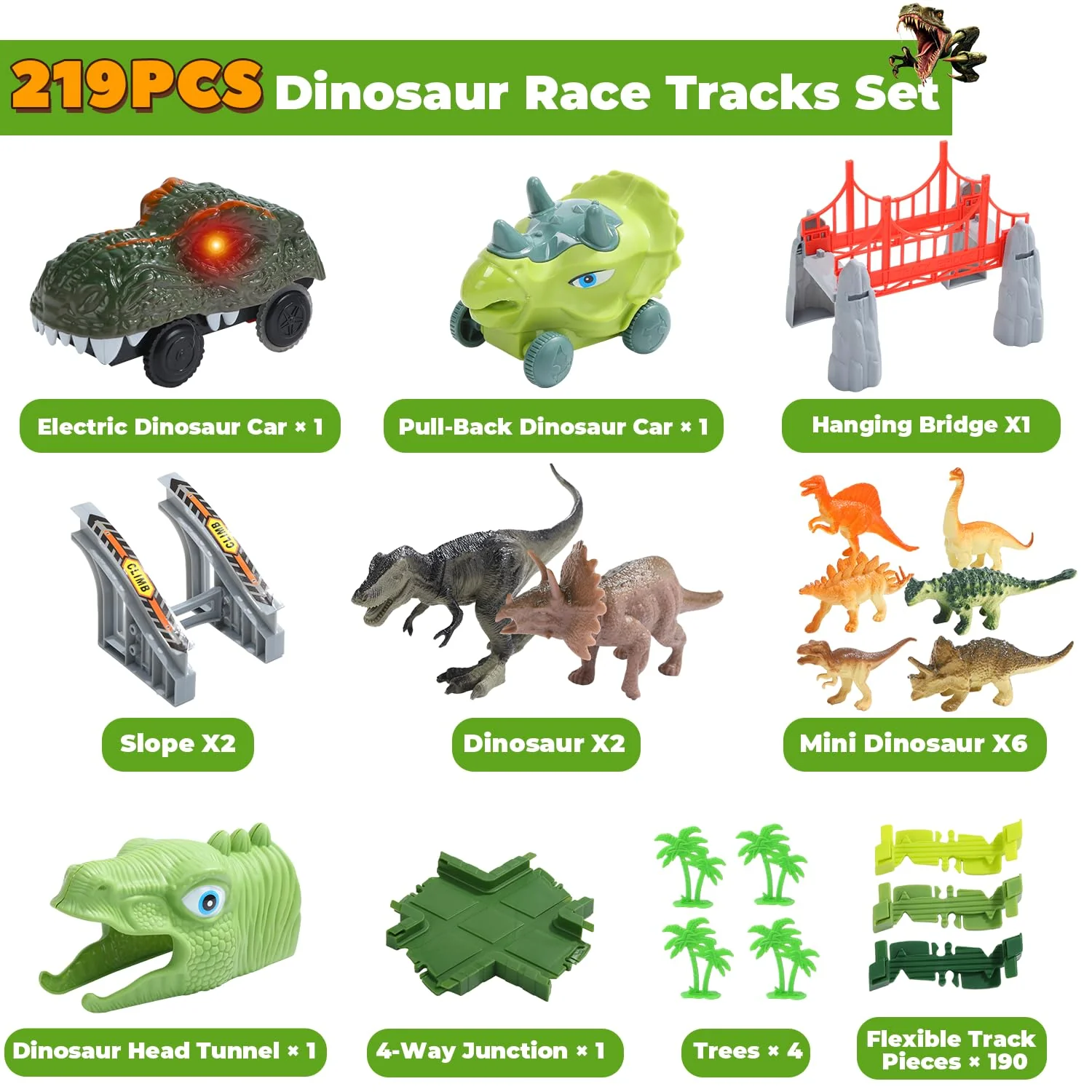 EagleStone Dinosaurier Rennbahn Set – 225 Teile Flexible Rennstrecke, 1 elektrisches Dino Auto mit Licht, 8 Dino Figuren, Dino Tunnelkopf, Weihnachts Geburtstagsgeschenk für Kinder von 3 bis 8 Jahren - Image 3