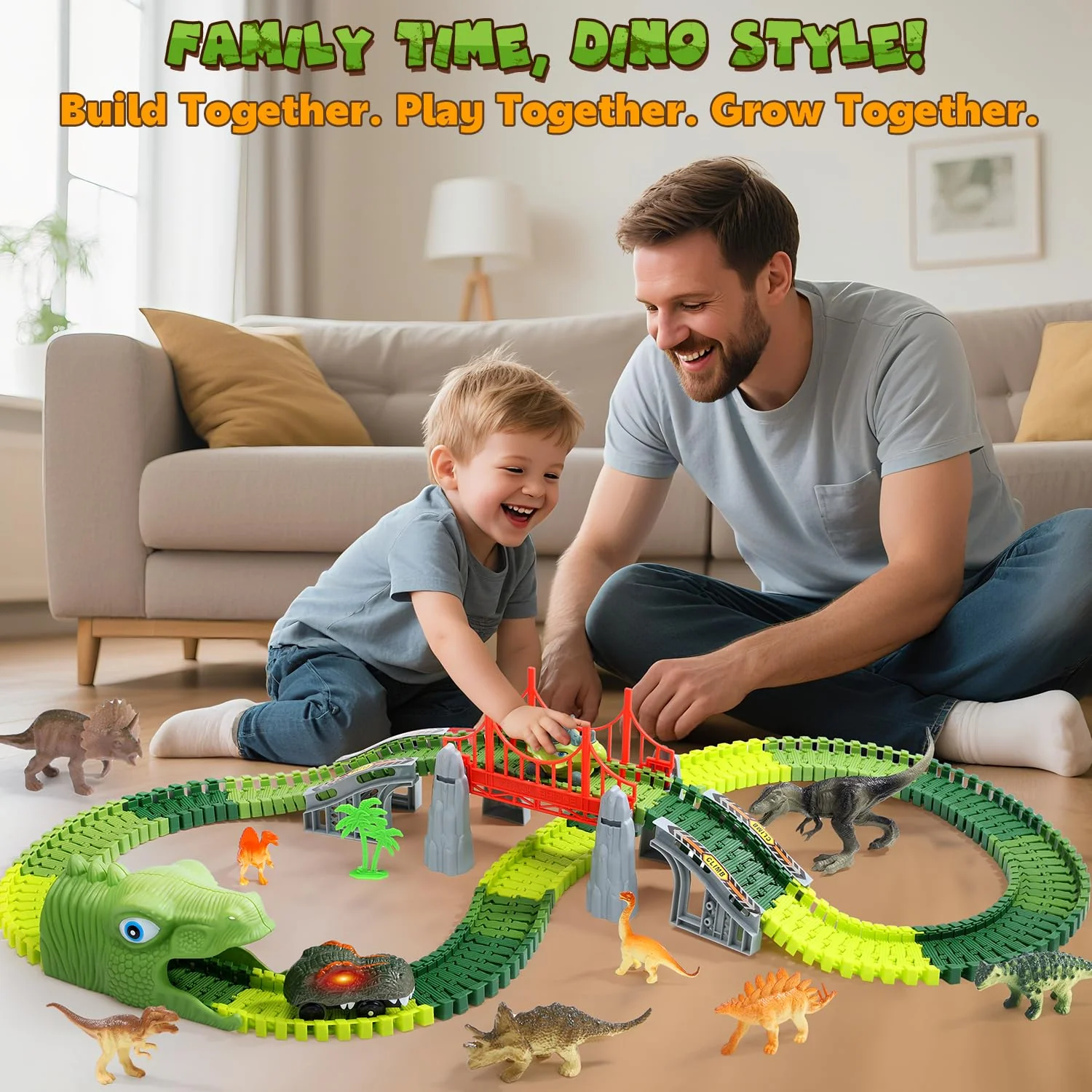 EagleStone Dinosaurier Rennbahn Set – 225 Teile Flexible Rennstrecke, 1 elektrisches Dino Auto mit Licht, 8 Dino Figuren, Dino Tunnelkopf, Weihnachts Geburtstagsgeschenk für Kinder von 3 bis 8 Jahren - Image 4
