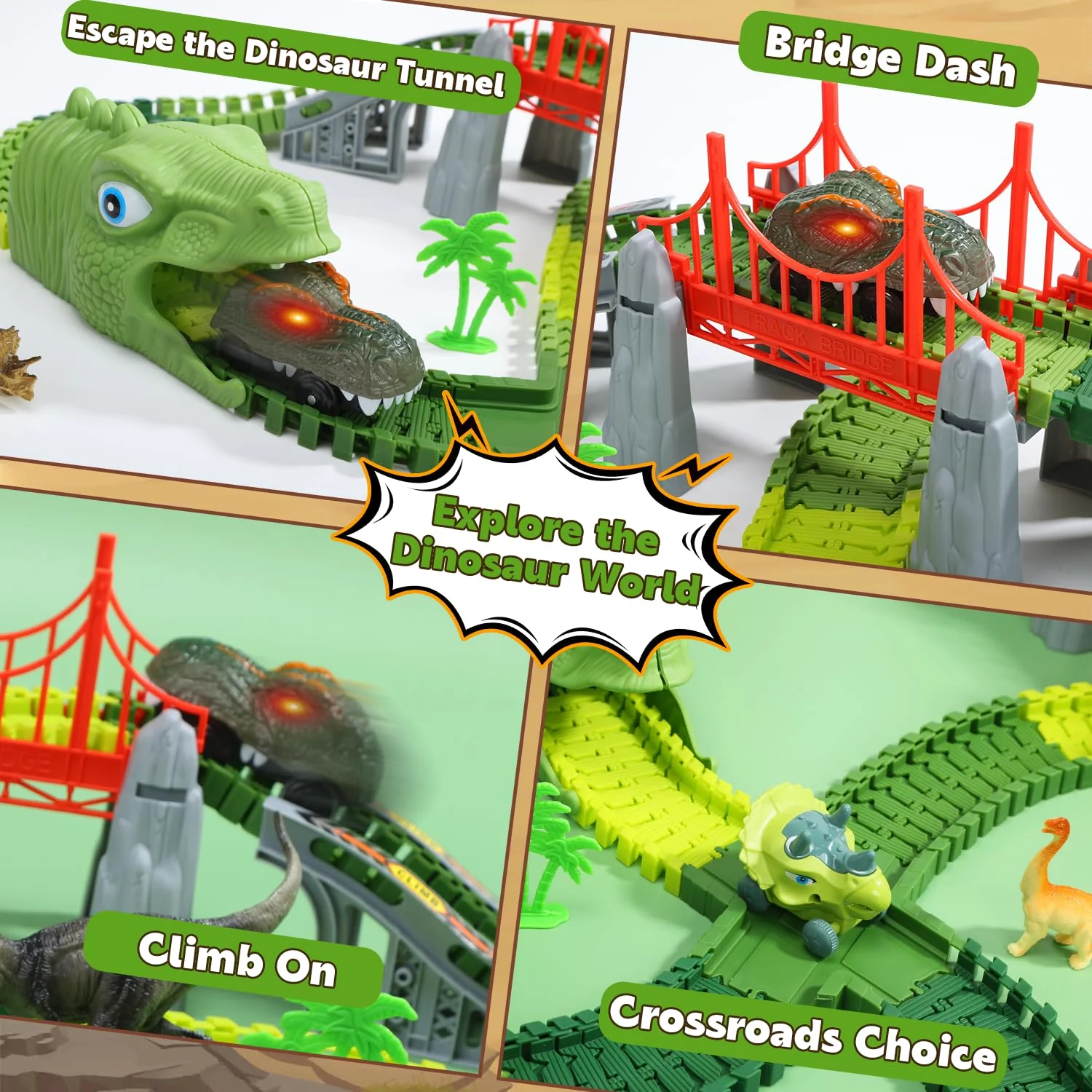 EagleStone Dinosaurier Rennbahn Set – 225 Teile Flexible Rennstrecke, 1 elektrisches Dino Auto mit Licht, 8 Dino Figuren, Dino Tunnelkopf, Weihnachts Geburtstagsgeschenk für Kinder von 3 bis 8 Jahren - Image 6