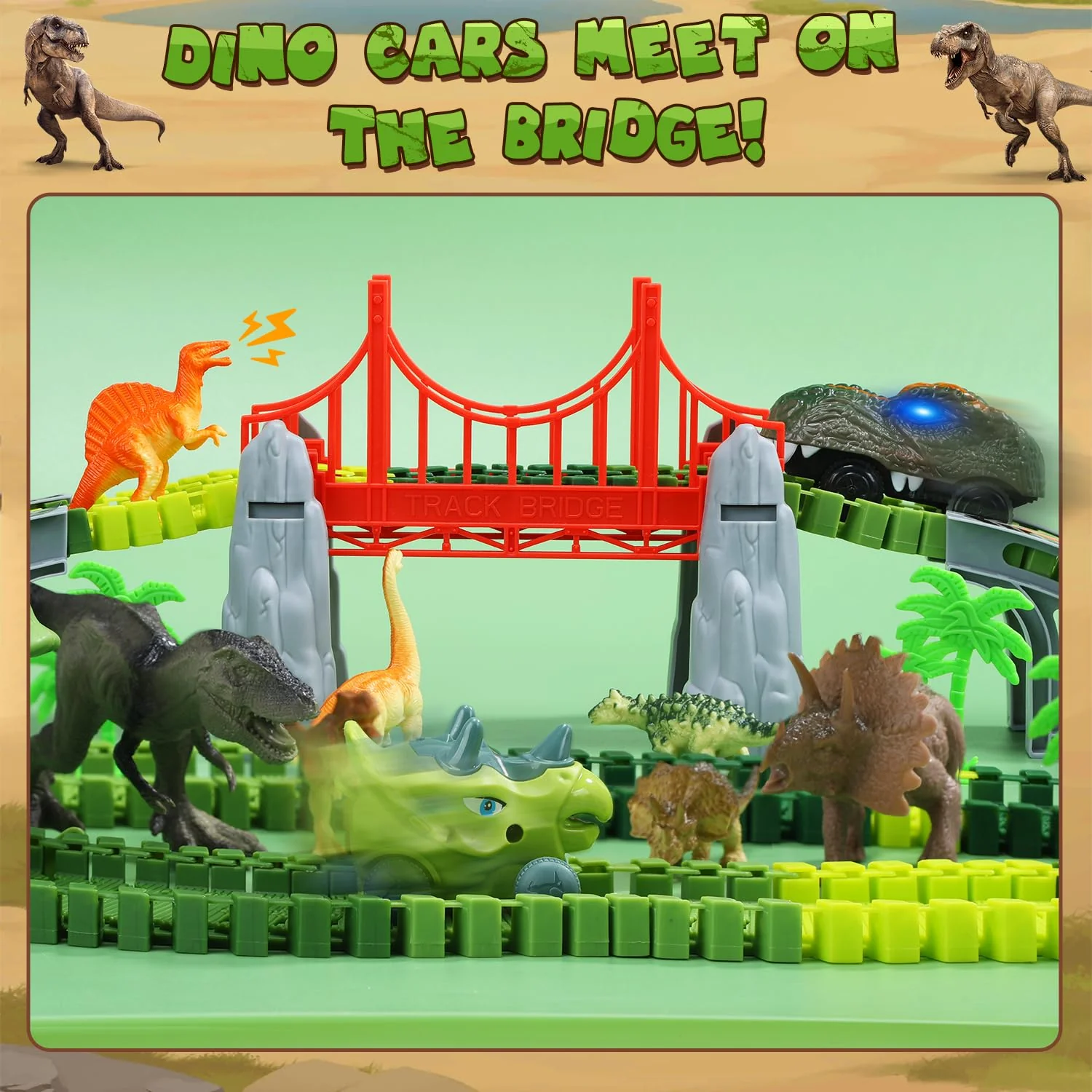 EagleStone Dinosaurier Rennbahn Set – 225 Teile Flexible Rennstrecke, 1 elektrisches Dino Auto mit Licht, 8 Dino Figuren, Dino Tunnelkopf, Weihnachts Geburtstagsgeschenk für Kinder von 3 bis 8 Jahren - Image 7