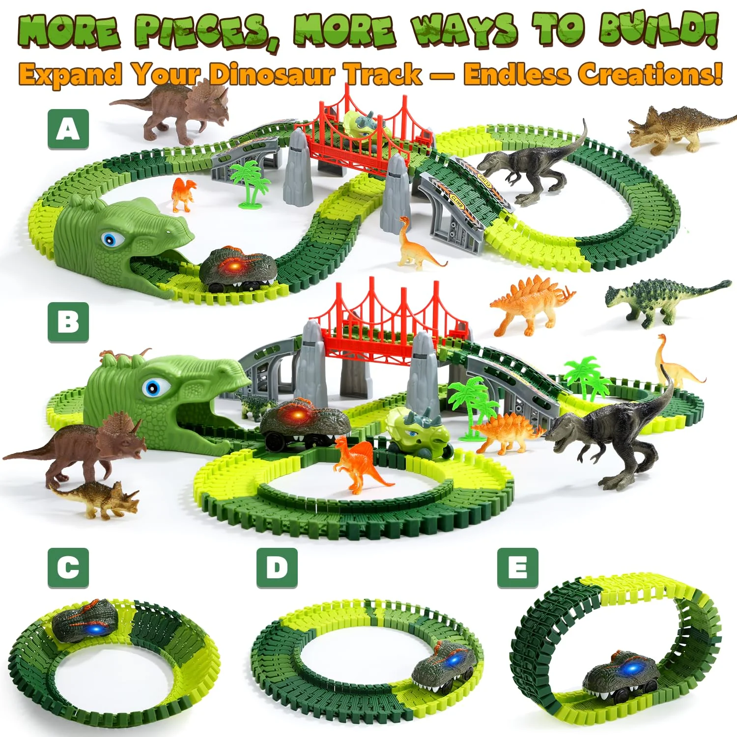 EagleStone Dinosaurier Rennbahn Set – 225 Teile Flexible Rennstrecke, 1 elektrisches Dino Auto mit Licht, 8 Dino Figuren, Dino Tunnelkopf, Weihnachts Geburtstagsgeschenk für Kinder von 3 bis 8 Jahren - Image 8