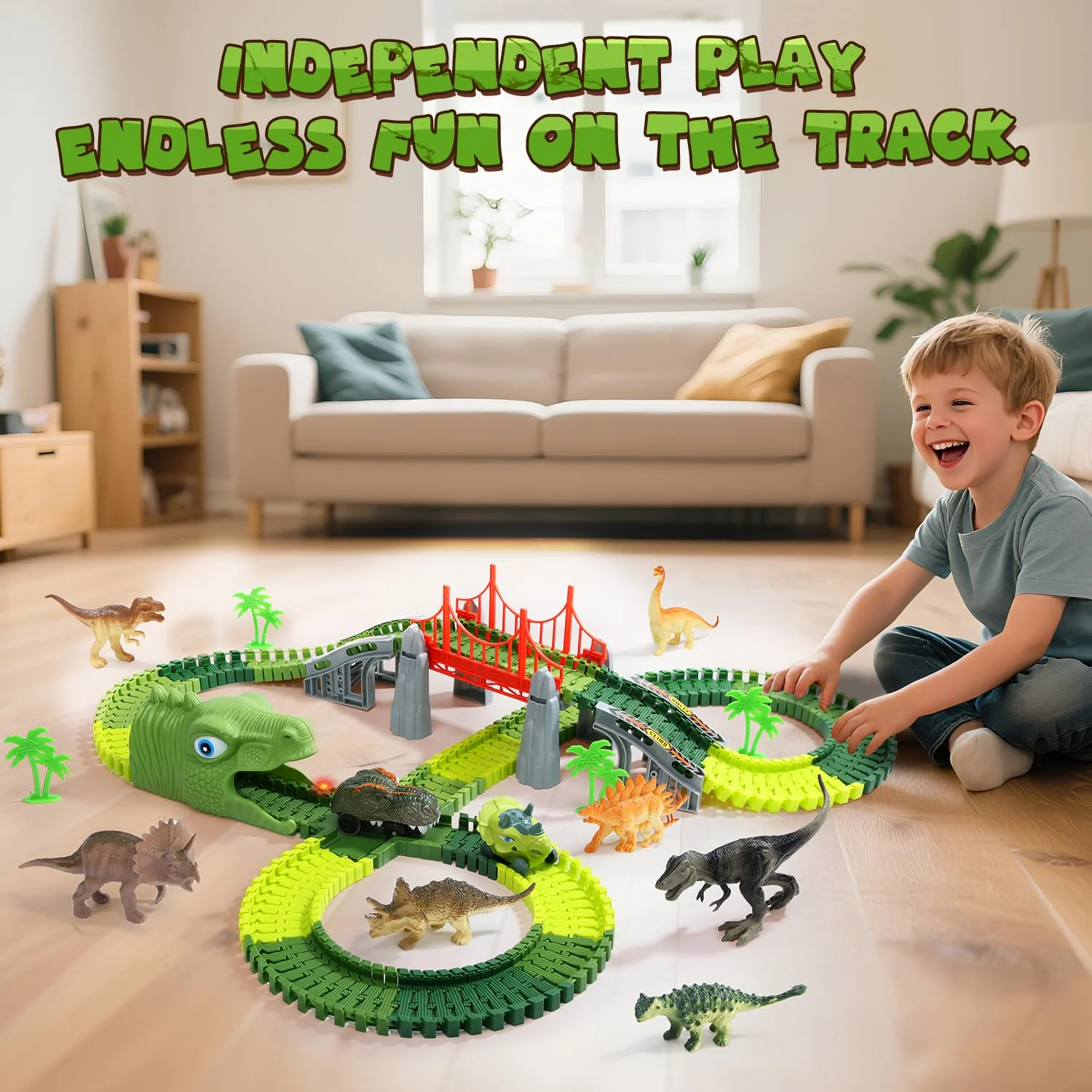 EagleStone Dinosaurier Rennbahn Set – 225 Teile Flexible Rennstrecke, 1 elektrisches Dino Auto mit Licht, 8 Dino Figuren, Dino Tunnelkopf, Weihnachts Geburtstagsgeschenk für Kinder von 3 bis 8 Jahren - Image 9