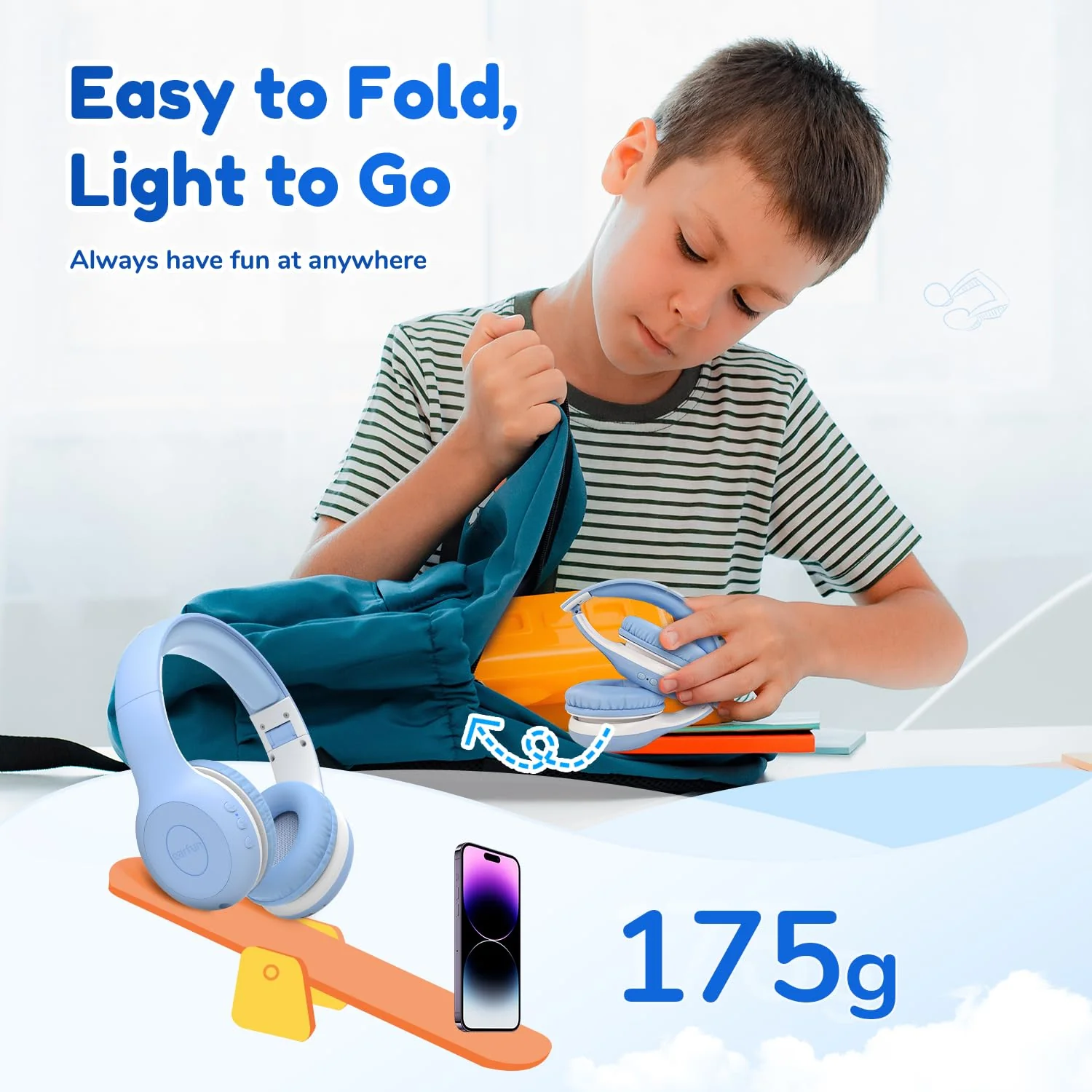 EarFun Bluetooth Kopfhörer Kinder, 74/85/94dB Lautstärkeregelung, HiFi Sound, HD-Mikrofon, 45 Std Akku, Faltbare, Einstellbar, Kopfhörer Kabellos Bluetooth Kinder für Schule/Reise/PC, Himmelblau - Image 2