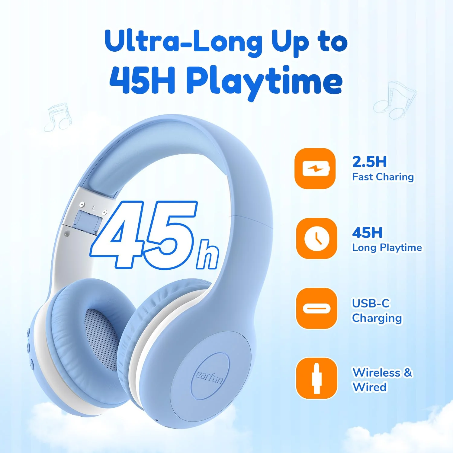EarFun Bluetooth Kopfhörer Kinder, 74/85/94dB Lautstärkeregelung, HiFi Sound, HD-Mikrofon, 45 Std Akku, Faltbare, Einstellbar, Kopfhörer Kabellos Bluetooth Kinder für Schule/Reise/PC, Himmelblau - Image 3