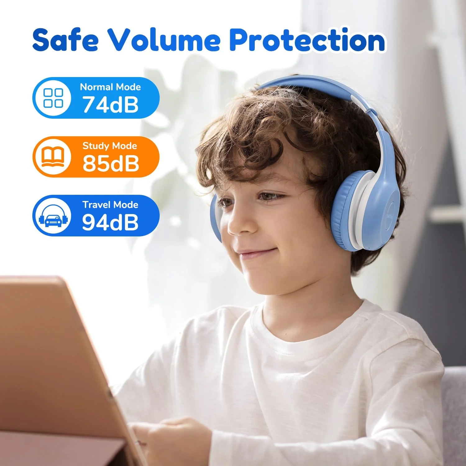 EarFun Bluetooth Kopfhörer Kinder, 74/85/94dB Lautstärkeregelung, HiFi Sound, HD-Mikrofon, 45 Std Akku, Faltbare, Einstellbar, Kopfhörer Kabellos Bluetooth Kinder für Schule/Reise/PC, Himmelblau - Image 6