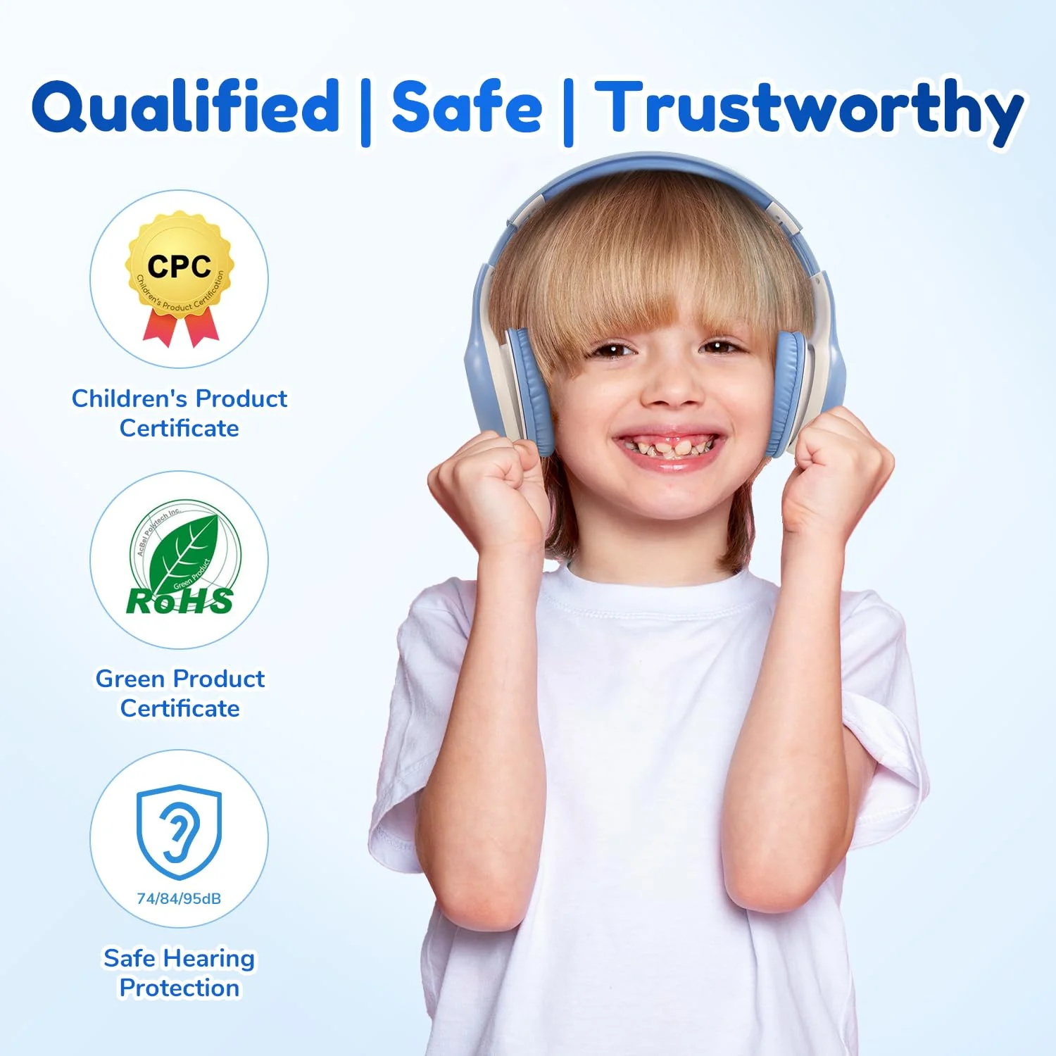 EarFun Bluetooth Kopfhörer Kinder, 74/85/94dB Lautstärkeregelung, HiFi Sound, HD-Mikrofon, 45 Std Akku, Faltbare, Einstellbar, Kopfhörer Kabellos Bluetooth Kinder für Schule/Reise/PC, Himmelblau - Image 7