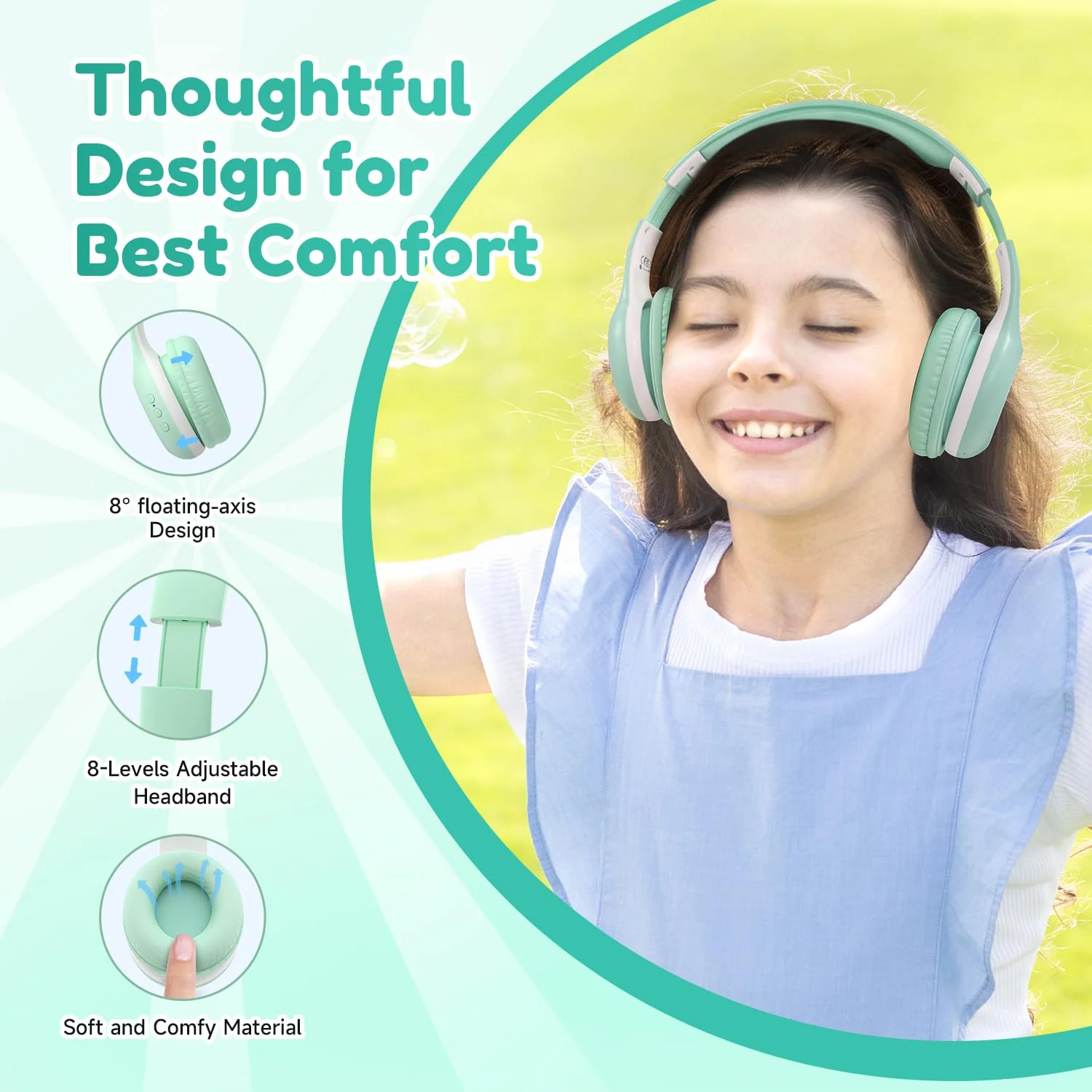 EarFun Bluetooth Kopfhörer Kinder, 85/94dB Lautstärkeregelung, HiFi Sound, HD-Mikrofon, 40 Std Akku, Faltbare, Einstellbar, Kopfhörer Kabellos Bluetooth Kinder für Schule/Reise/PC, Grün - Image 5