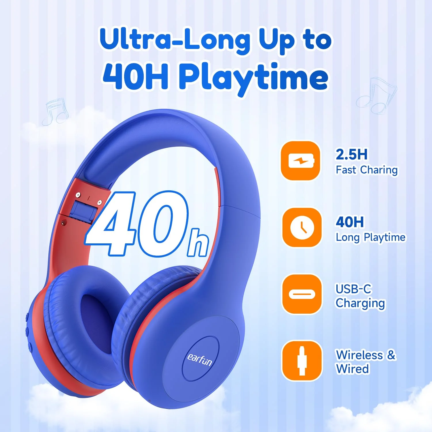 EarFun Bluetooth Kopfhörer Kinder, 85/94dB Lautstärkeregelung, HiFi Sound, HD-Mikrofon, 40 Std Akku, Faltbare, Einstellbar, Kopfhörer Kabellos Bluetooth Kinder für Schule/Reise/PC, Marineblau - Image 3