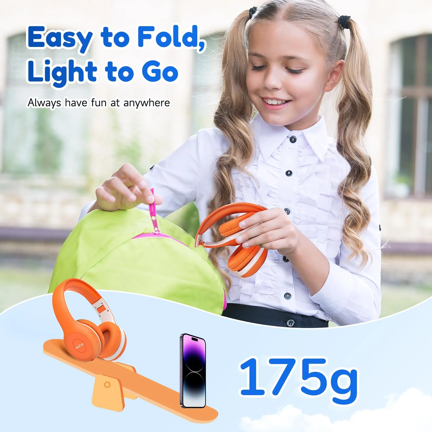 EarFun Bluetooth Kopfhörer Kinder, 85/94dB Lautstärkeregelung, HiFi Sound, HD-Mikrofon, 40 Std Akku, Faltbare, Einstellbar, Kopfhörer Kabellos Bluetooth Kinder für Schule/Reise/PC, Orange - Image 2