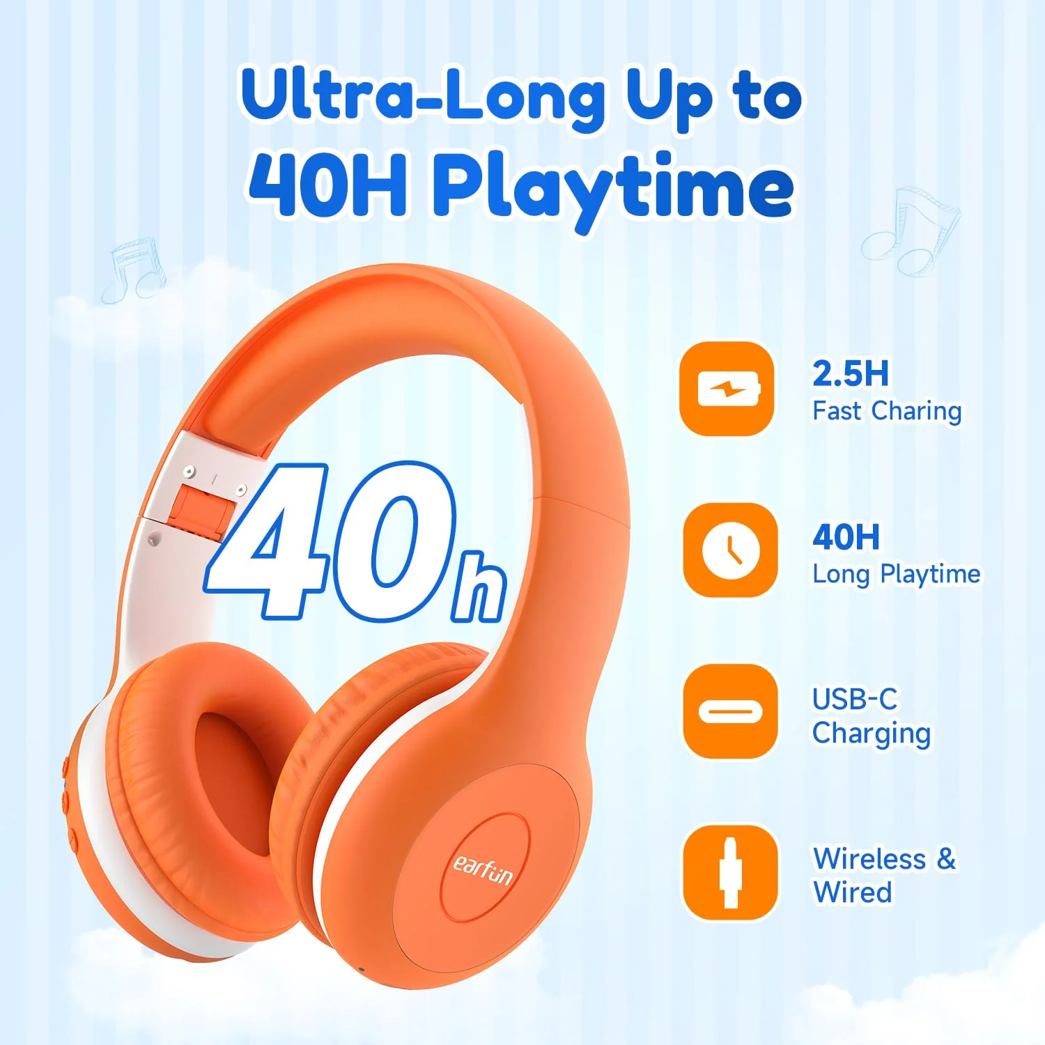 EarFun Bluetooth Kopfhörer Kinder, 85/94dB Lautstärkeregelung, HiFi Sound, HD-Mikrofon, 40 Std Akku, Faltbare, Einstellbar, Kopfhörer Kabellos Bluetooth Kinder für Schule/Reise/PC, Orange - Image 3