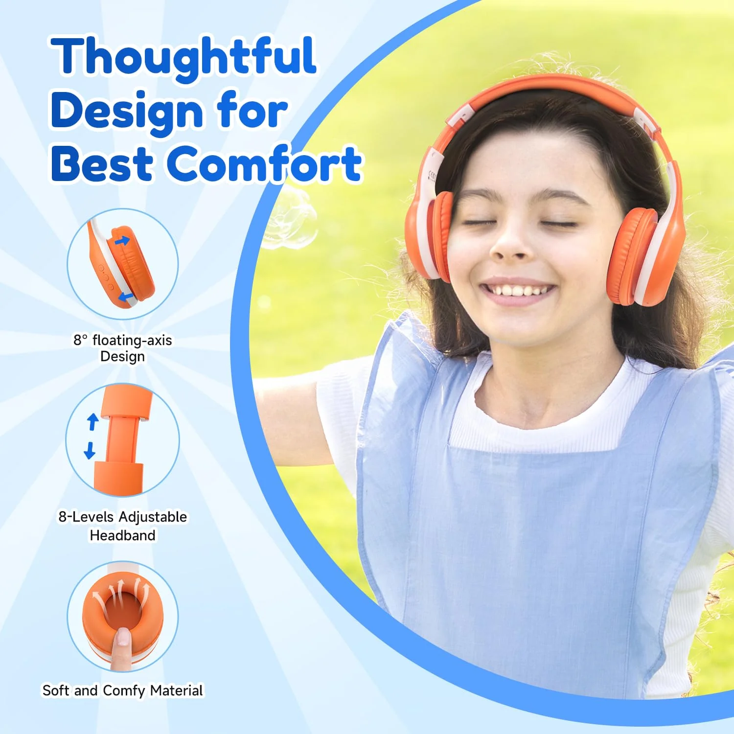 EarFun Bluetooth Kopfhörer Kinder, 85/94dB Lautstärkeregelung, HiFi Sound, HD-Mikrofon, 40 Std Akku, Faltbare, Einstellbar, Kopfhörer Kabellos Bluetooth Kinder für Schule/Reise/PC, Orange - Image 4