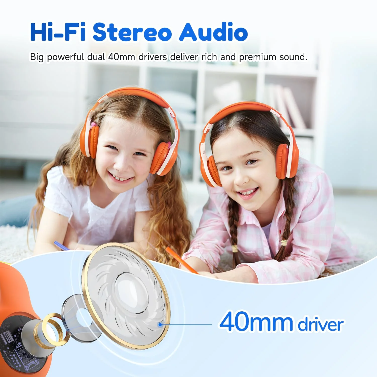 EarFun Bluetooth Kopfhörer Kinder, 85/94dB Lautstärkeregelung, HiFi Sound, HD-Mikrofon, 40 Std Akku, Faltbare, Einstellbar, Kopfhörer Kabellos Bluetooth Kinder für Schule/Reise/PC, Orange - Image 6