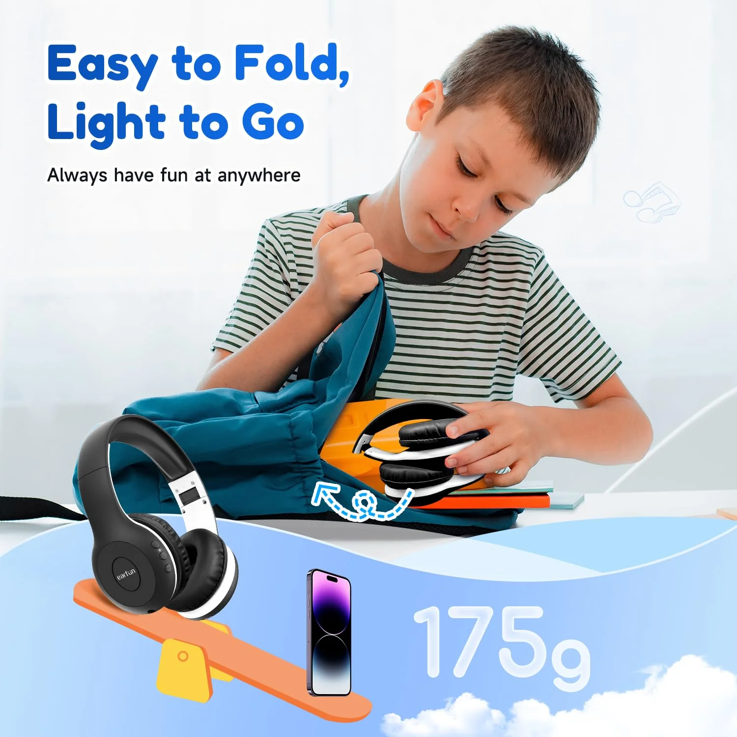 EarFun Bluetooth Kopfhörer Kinder, 85/94dB Lautstärkeregelung, HiFi Sound, HD-Mikrofon, 40 Std Akku, Faltbare, Einstellbar, Kopfhörer Kabellos Bluetooth Kinder für Schule/Reise/PC, Schwarz - Image 2