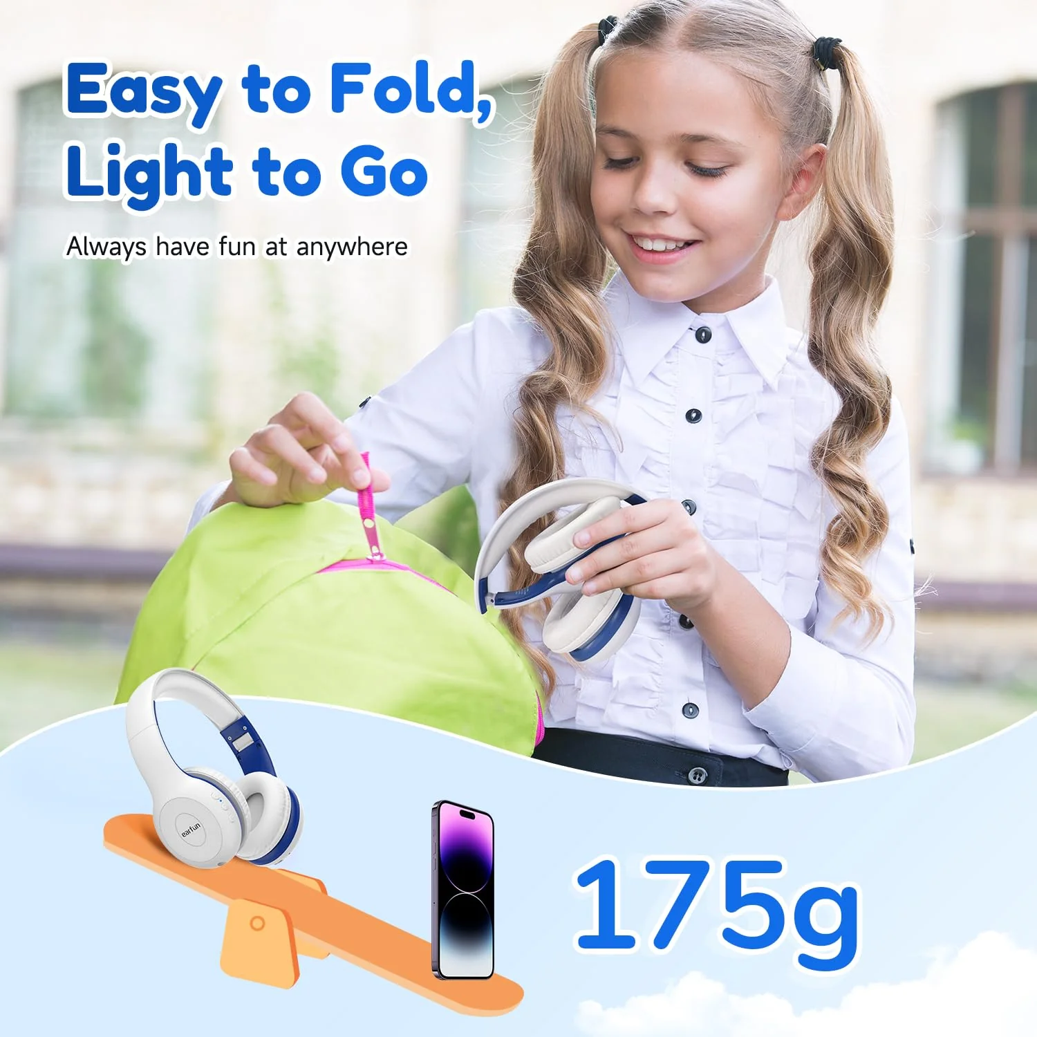 EarFun Bluetooth Kopfhörer Kinder, 85/94dB Lautstärkeregelung, HiFi Sound, HD-Mikrofon, 40 Std Akku, Faltbare, Einstellbar, Kopfhörer Kabellos Bluetooth Kinder für Schule/Reise/PC, Weiß - Image 2