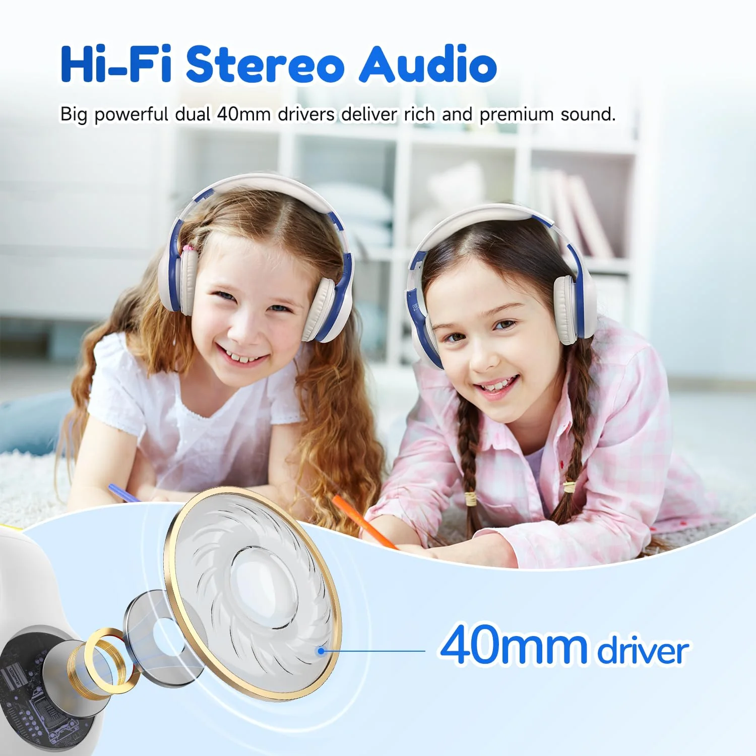 EarFun Bluetooth Kopfhörer Kinder, 85/94dB Lautstärkeregelung, HiFi Sound, HD-Mikrofon, 40 Std Akku, Faltbare, Einstellbar, Kopfhörer Kabellos Bluetooth Kinder für Schule/Reise/PC, Weiß - Image 5