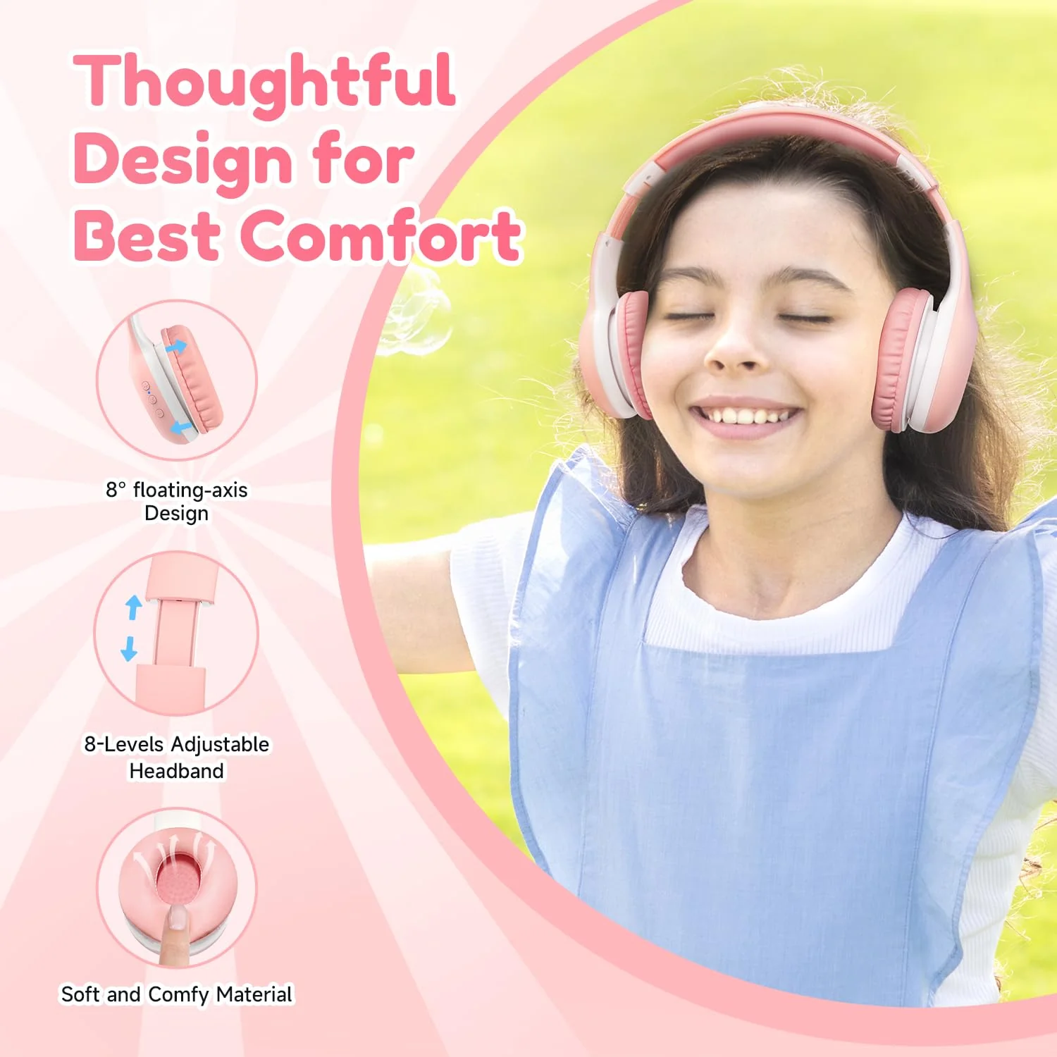 EarFun Bluetooth Kopfhörer Kinder, 85/94dB Lautstärkeregelung, HiFi Sound, HD-Mikrofon, 40 Std Akku, Faltbare, Einstellbar, Kopfhörer Kabellos Bluetooth Kinder für Schule/Reise, Rosa - Image 6
