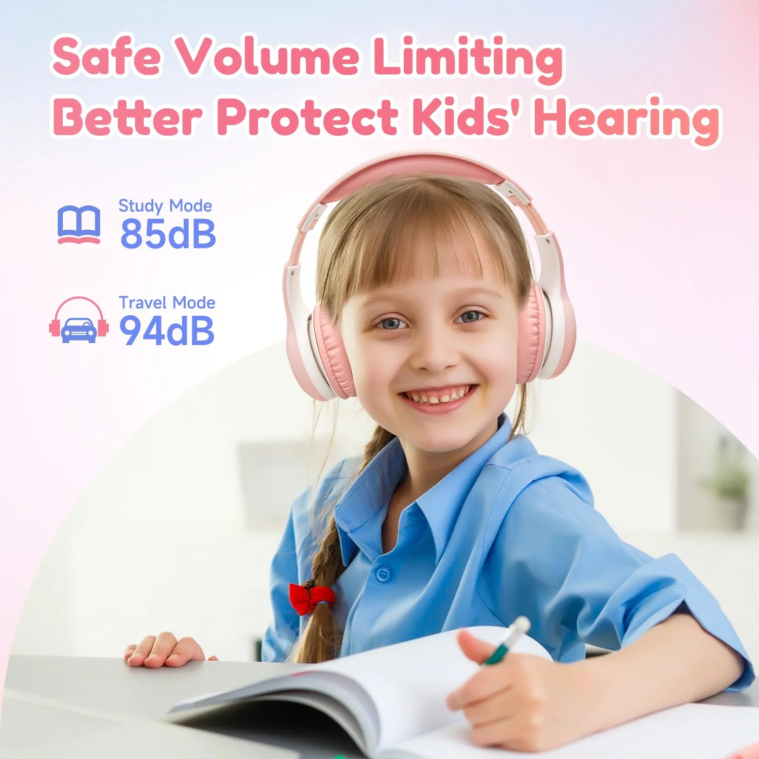 EarFun Bluetooth Kopfhörer Kinder, 85/94dB Lautstärkeregelung, HiFi Sound, HD-Mikrofon, 40 Std Akku, Faltbare, Einstellbar, Kopfhörer Kabellos Bluetooth Kinder für Schule/Reise, Rosa - Image 7