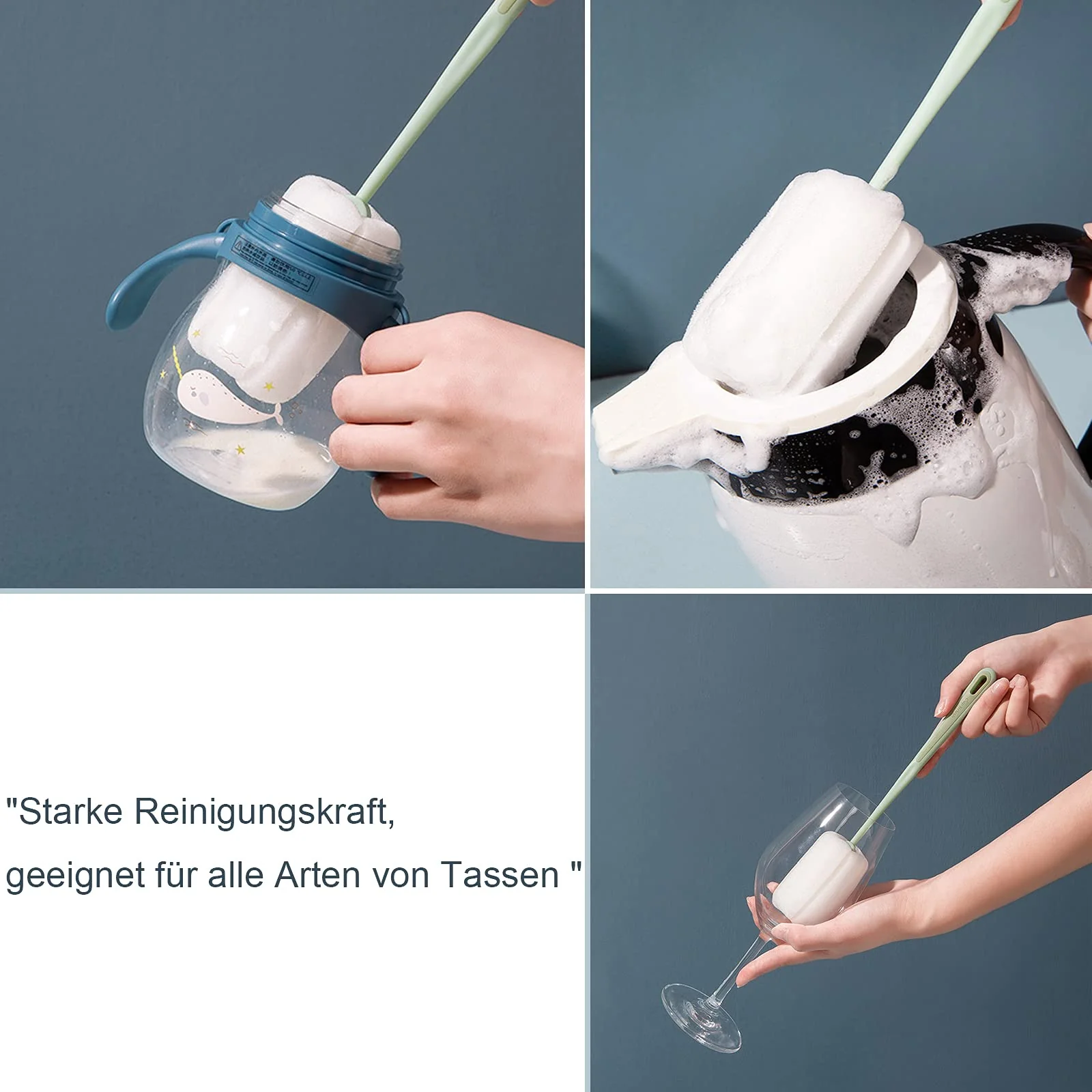 easyBee [4 Stück] Basic Schwamm Reinigungsbürste, Bürste lang 25 cm, Poröser Schwammkopf mit Starker Adsorptionskapazität, für Gläser, Karaffen, Dekanter, Flaschenreiniger, Teller, Schüssel - Image 3