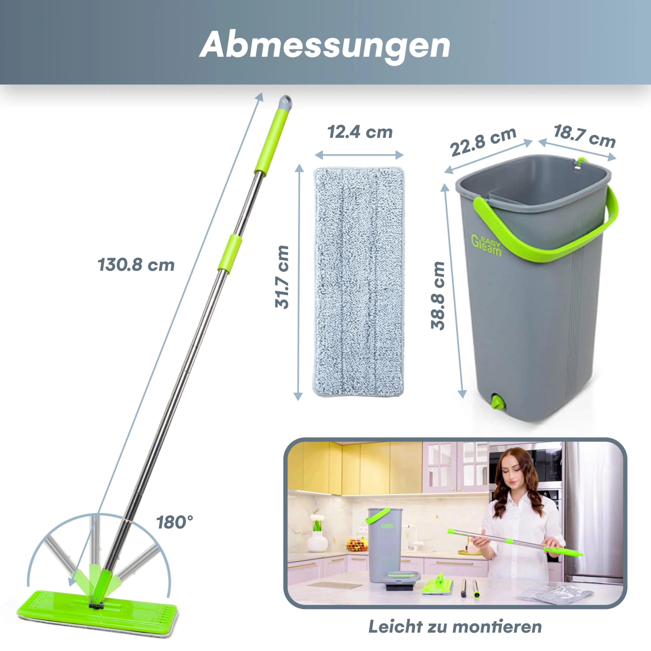 EasyGleam Mop und Eimer Set - Flachbodenmopp mit Teleskopstange, Innovativer Mop Zweikammer Eimer für Nass- und Trockenanwendung, 2 Mikrofaserpads, Perfekt für Alle Bodenarten, Reinigung und Pflege - Image 10