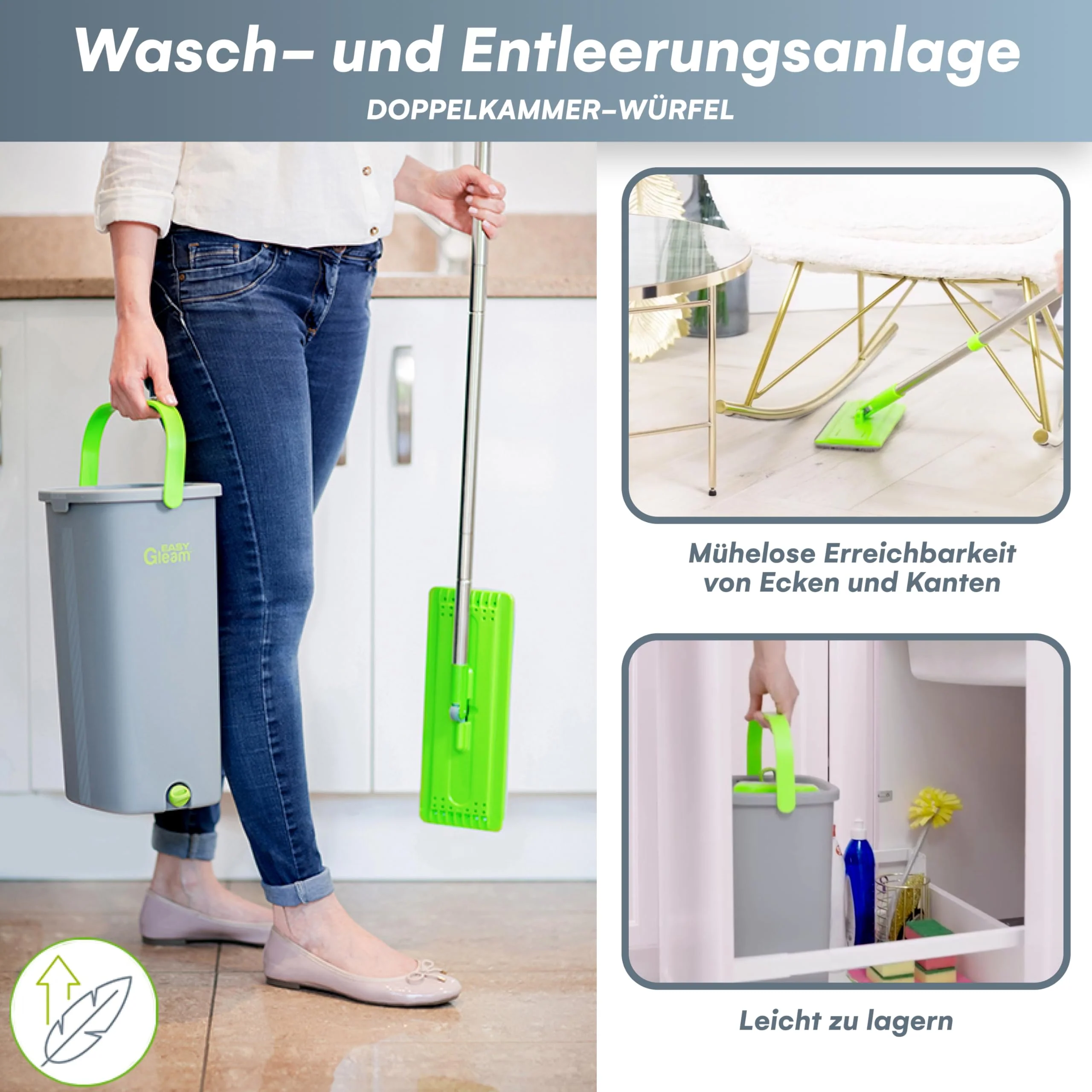 EasyGleam Mop und Eimer Set - Flachbodenmopp mit Teleskopstange, Innovativer Mop Zweikammer Eimer für Nass- und Trockenanwendung, 2 Mikrofaserpads, Perfekt für Alle Bodenarten, Reinigung und Pflege - Image 2