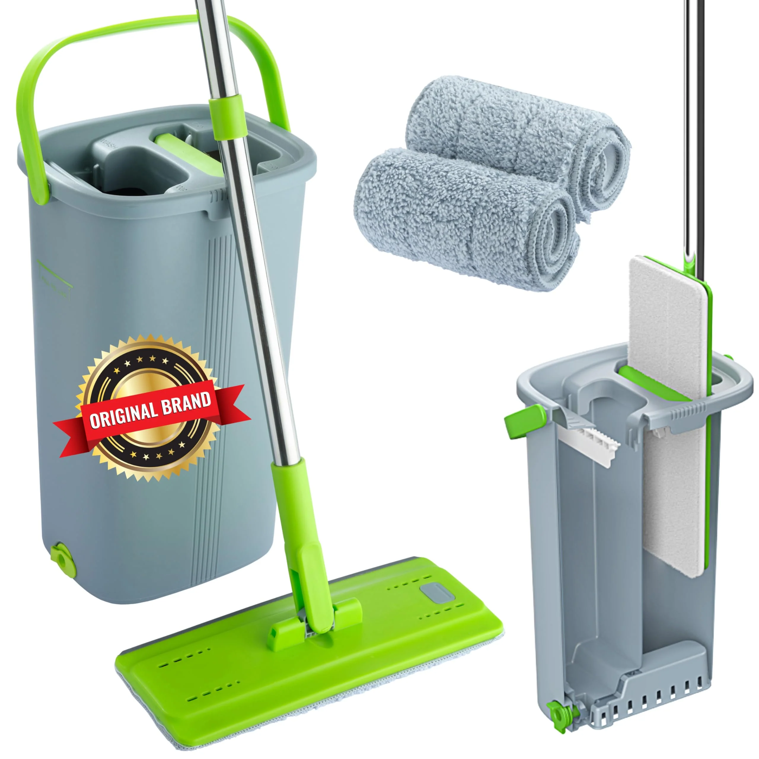 EasyGleam Mop und Eimer Set - Flachbodenmopp mit Teleskopstange, Innovativer Mop Zweikammer Eimer für Nass- und Trockenanwendung, 2 Mikrofaserpads, Perfekt für Alle Bodenarten, Reinigung und Pflege - Image 3