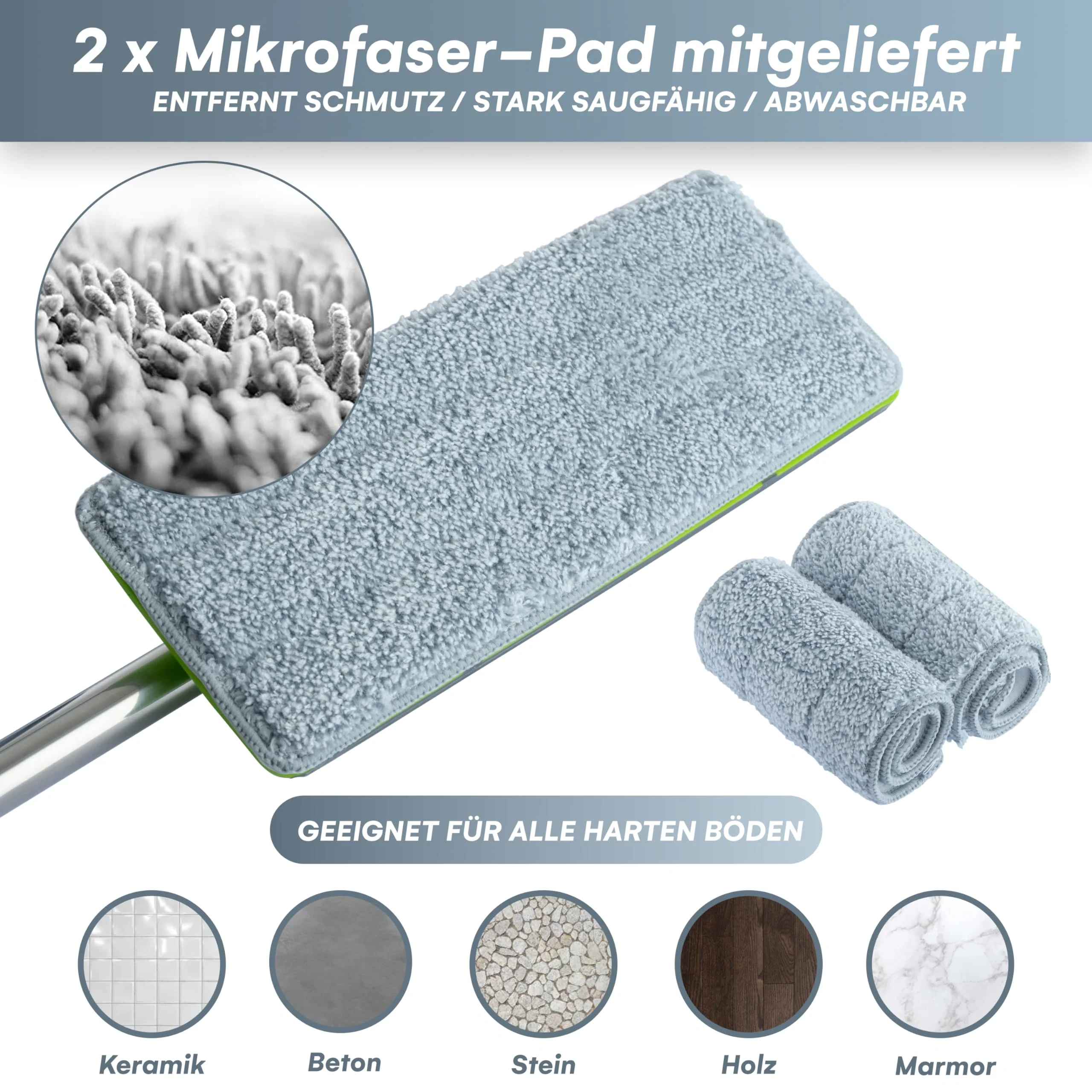 EasyGleam Mop und Eimer Set - Flachbodenmopp mit Teleskopstange, Innovativer Mop Zweikammer Eimer für Nass- und Trockenanwendung, 2 Mikrofaserpads, Perfekt für Alle Bodenarten, Reinigung und Pflege - Image 6