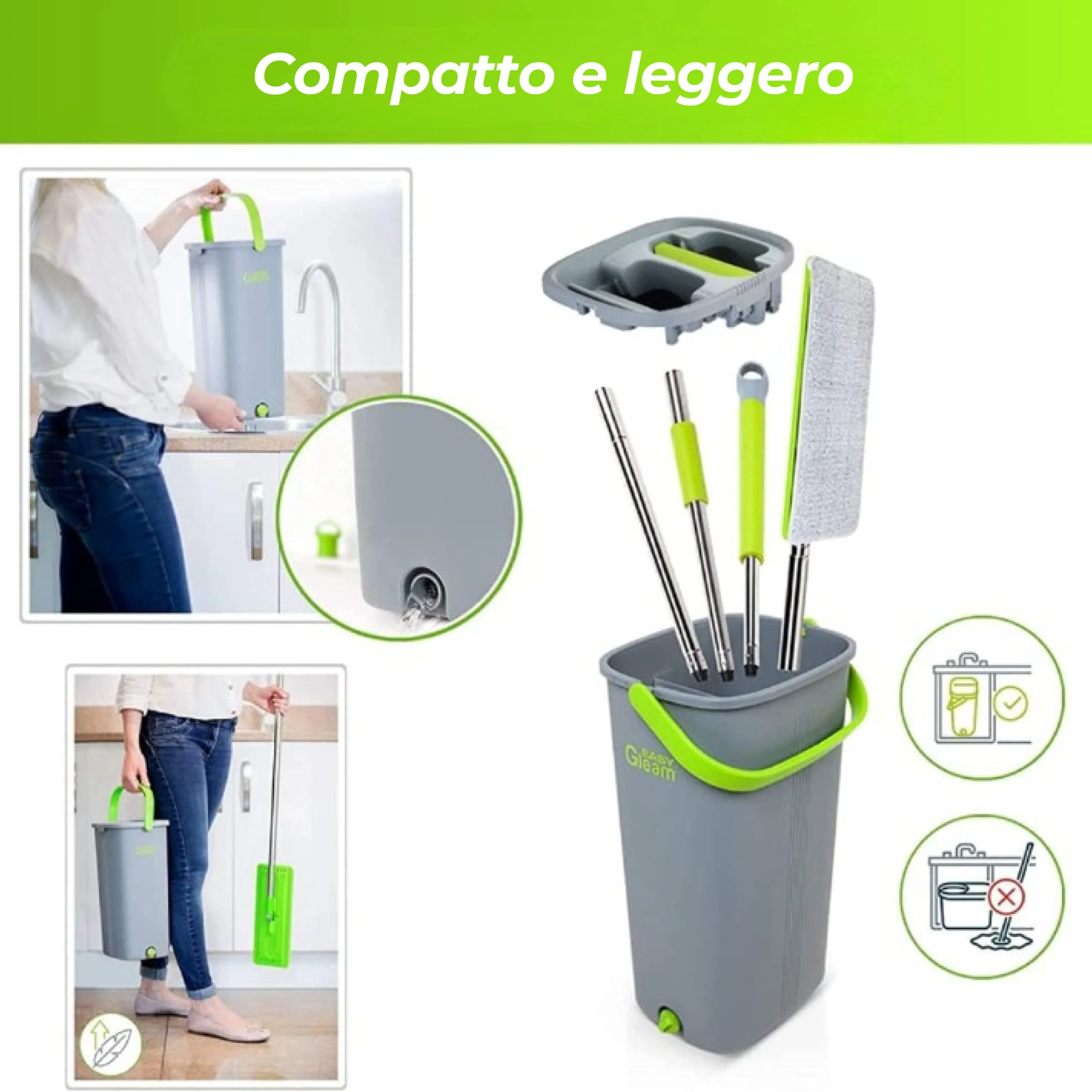 EasyGleam Mop und Eimer Set - Flachbodenmopp mit Teleskopstange, Innovativer Mop Zweikammer Eimer für Nass- und Trockenanwendung, 2 Mikrofaserpads, Perfekt für Alle Bodenarten, Reinigung und Pflege - Image 9