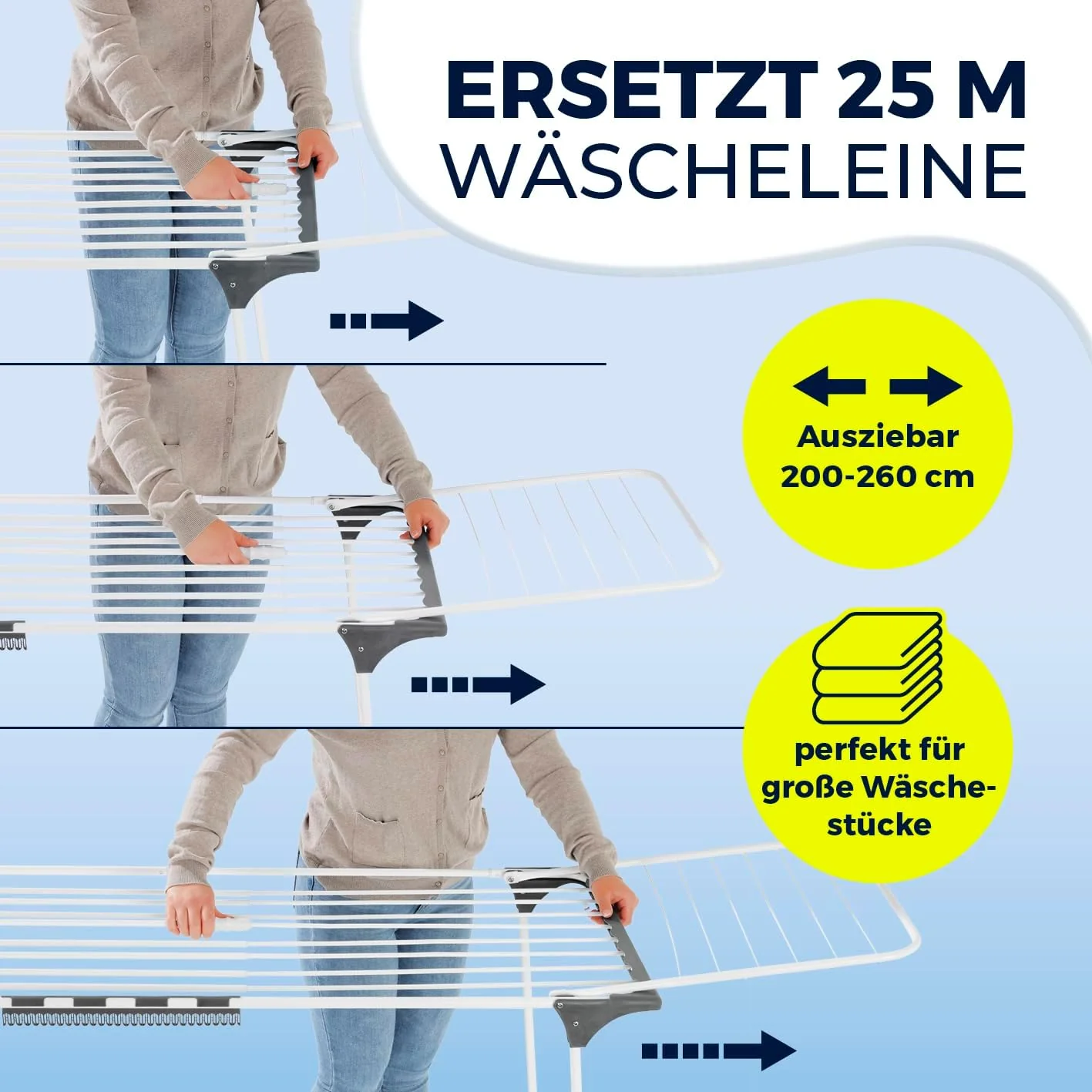 EASYmaxx Falt-Wäscheständer 2500 mit 25m Trockenlänge | XXL Wäscheständer Teleskop - ausziehbar bis 260cm | mit Rollen | Bettlaken & Handtücher stromlos drinnen und draußen trocknen - Image 11