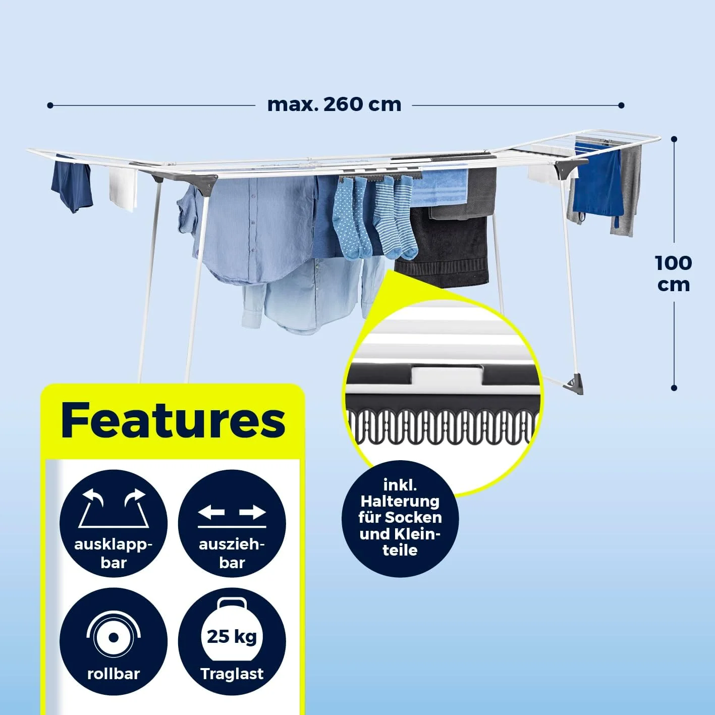 EASYmaxx Falt-Wäscheständer 2500 mit 25m Trockenlänge | XXL Wäscheständer Teleskop - ausziehbar bis 260cm | mit Rollen | Bettlaken & Handtücher stromlos drinnen und draußen trocknen - Image 3