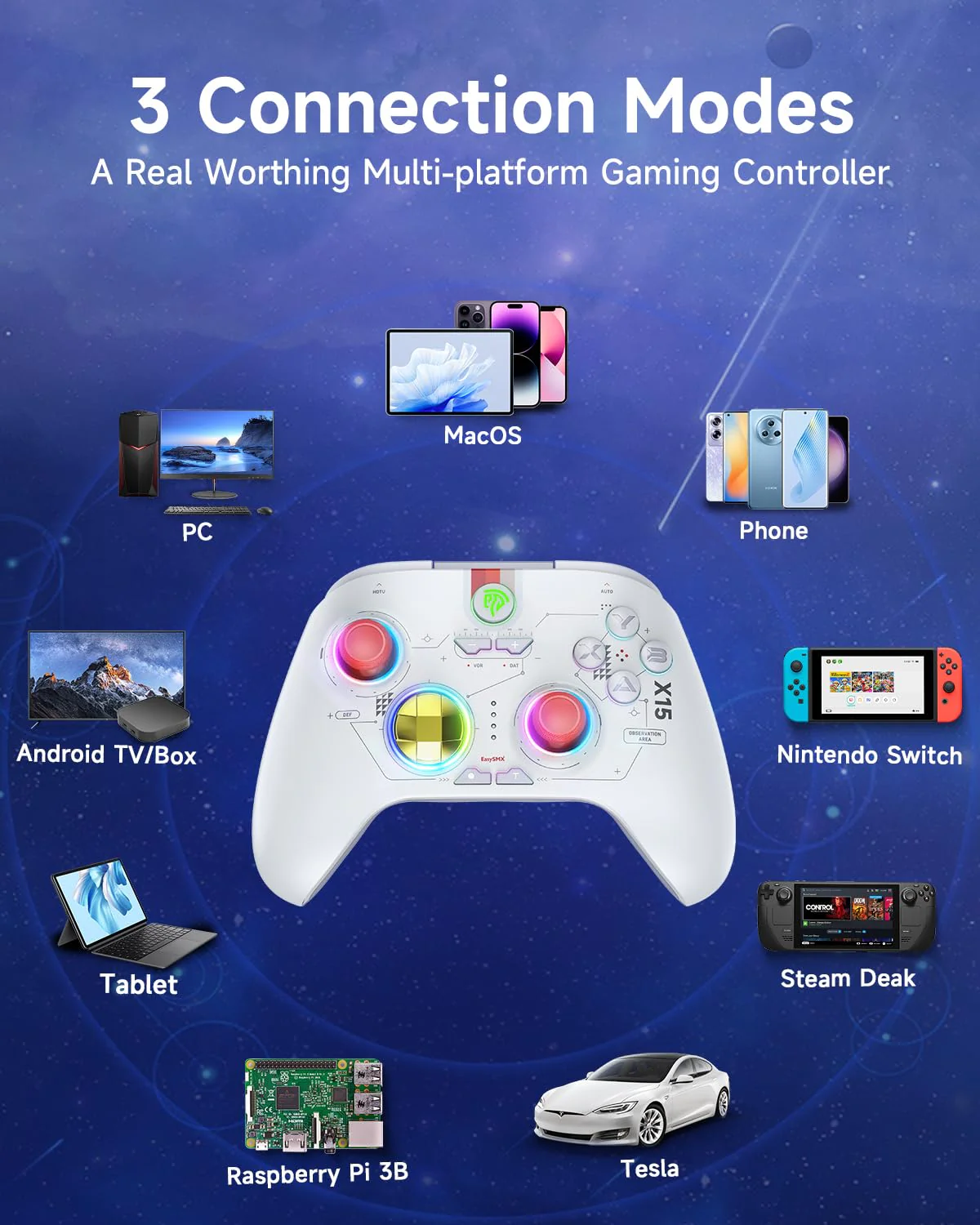 EasySMX X15 Controller PC, PC Controller Wireless mit 7 RGB Licht, Gaming Controller PC mit Hall Joystick&Trigger, Bluetooth Controller Kompatibel mit PC/Switch/Handy/Tablet-Weiß - Image 4