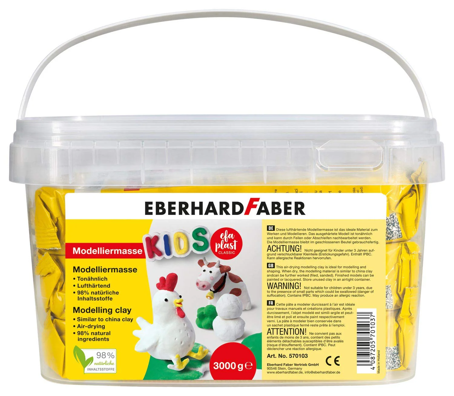 EBERHARD FABER 570103 - Modelliermasse lufttrocknend weiß, 3 kg EFA Plast Kids tonbasiert