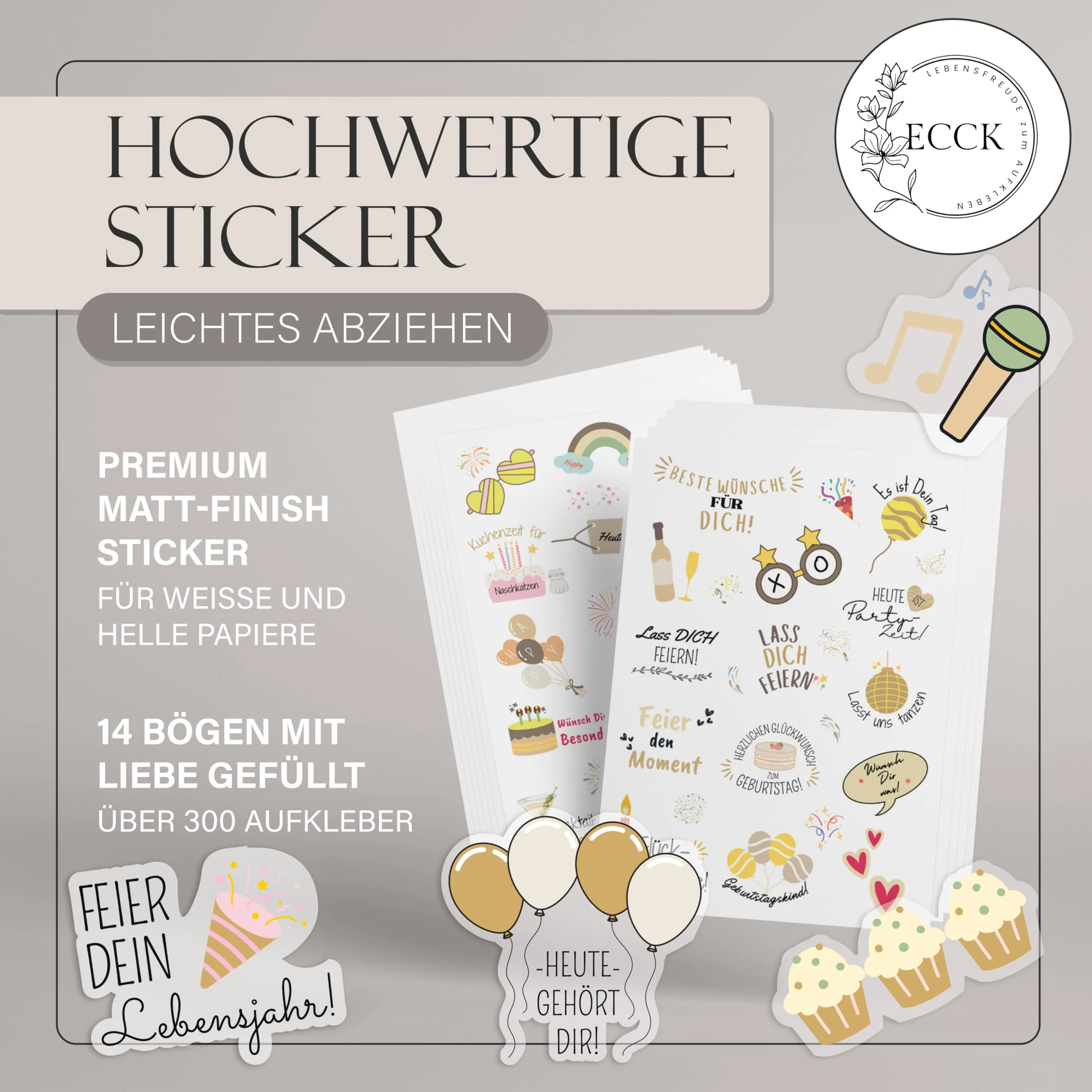 ECCK Sticker Geburtstag für Gästebuch, Fotoalbum & Geschenke (325 Stück, Creme) - Aufkleber für Geburtstagskarten & Geburtstagsgeschenke auf 14 DIN A5 Bögen - Party Geburtstagskarte Geschenk, Karten - Image 5