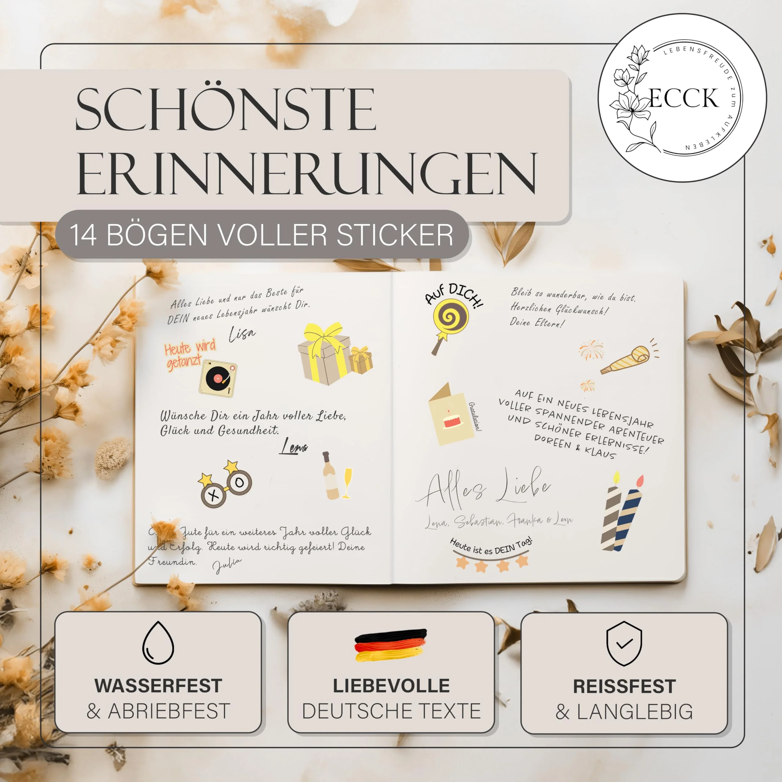 ECCK Sticker Geburtstag für Gästebuch, Fotoalbum & Geschenke (325 Stück, Creme) - Aufkleber für Geburtstagskarten & Geburtstagsgeschenke auf 14 DIN A5 Bögen - Party Geburtstagskarte Geschenk, Karten - Image 7