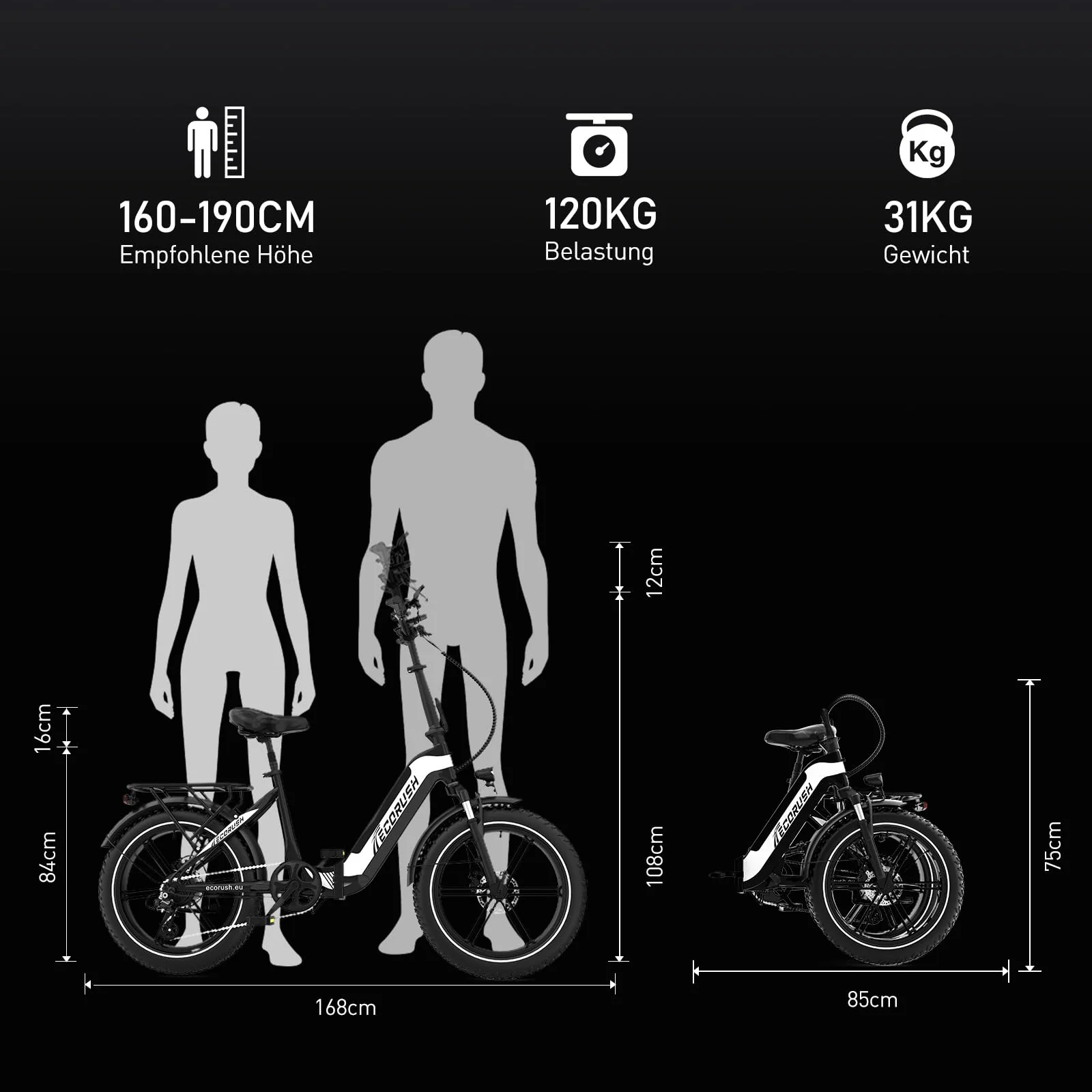 ECORUSH ECO R2 E Bike Klapprad, E-Bike mit 20×4,0 Zoll Fat Tire, Hochfester Körper, 48V 499.2Wh Akku, 7-Gang, LCD-Display, 250W Motor & 25Km/h Elektrofahrräder für Herren und Damen - Image 2