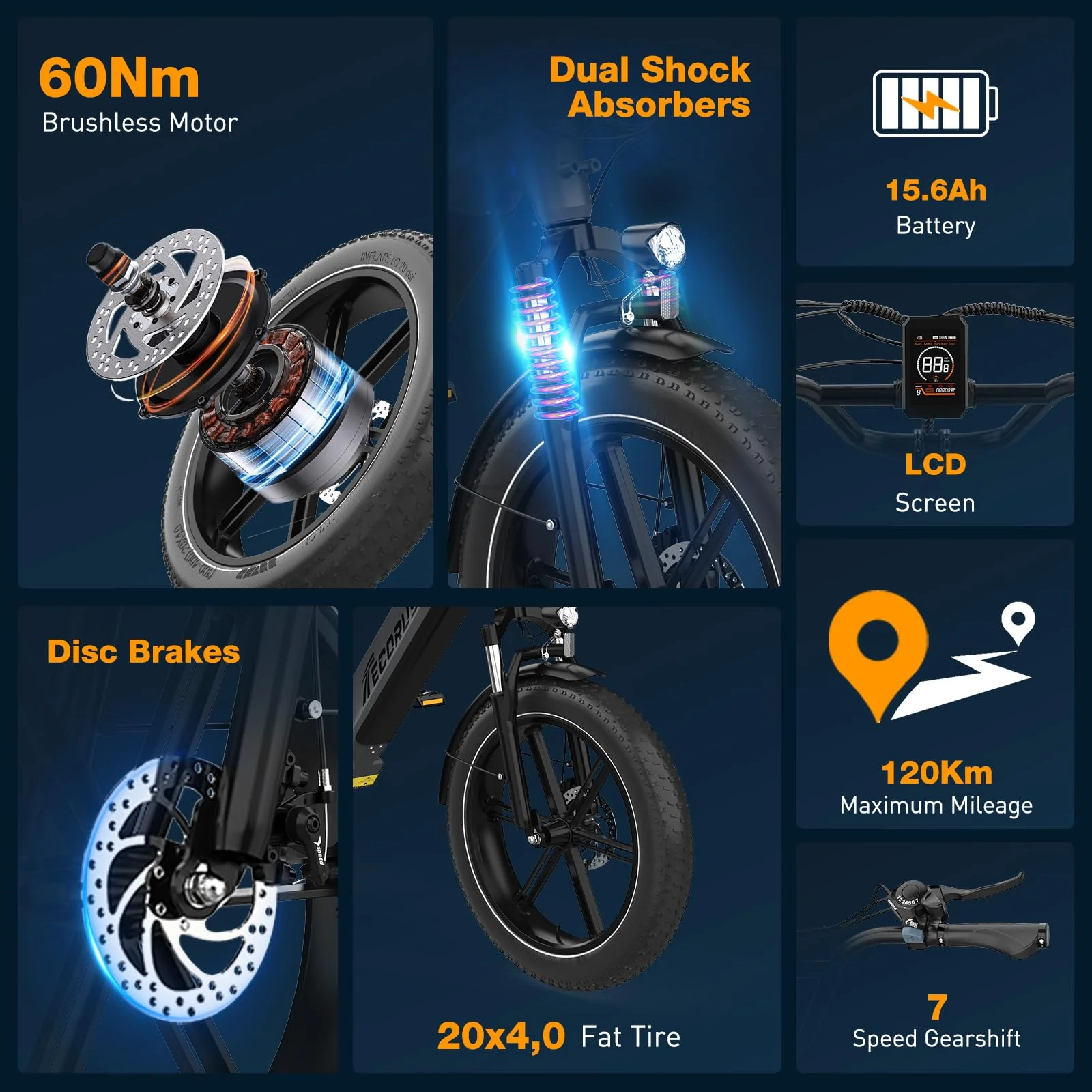 ECORUSH ECO R6 E Bike Mountainbike, E-Bike mit 48V/15,6Ah Lithium-Akku, Hochfester Körper, 20×4,0 Zoll Fat Tire, 7-Gang, LCD-Display, 250W Motor & 25Km/h Elektrofahrräder für Herren und Damen - Image 8
