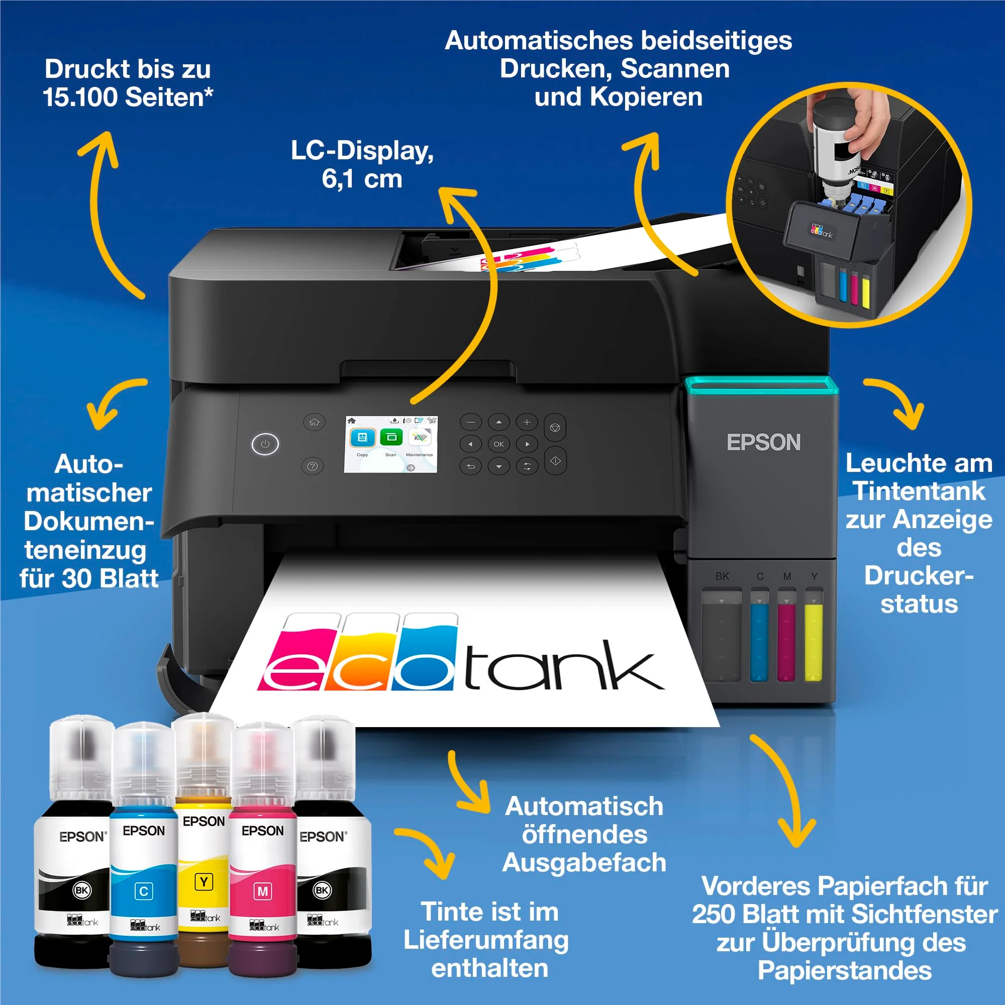 EcoTank ET-3950 A4-Multifunktionsdrucker mit Wi-Fi & AirPrint Tintentank, automatischem Dokumenteneinzug, beidseitigem Druck, Scannen & Kopieren, bis zu 3 Jahre Tinte im Lieferumfang enthalten - Image 11