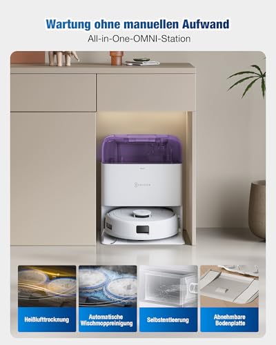 ECOVACS DEEBOT MINI Saugen/Wischen, 9.000 Pa Saugkraft, ZeroTangle 2.0, TrueMapping 2.0, 45 ℃ Heißlufttrocknung, Selbstentleerung, intelligente Tiefenreinigung, Selbstreinigung per Knopfdruck, Lila - Image 6